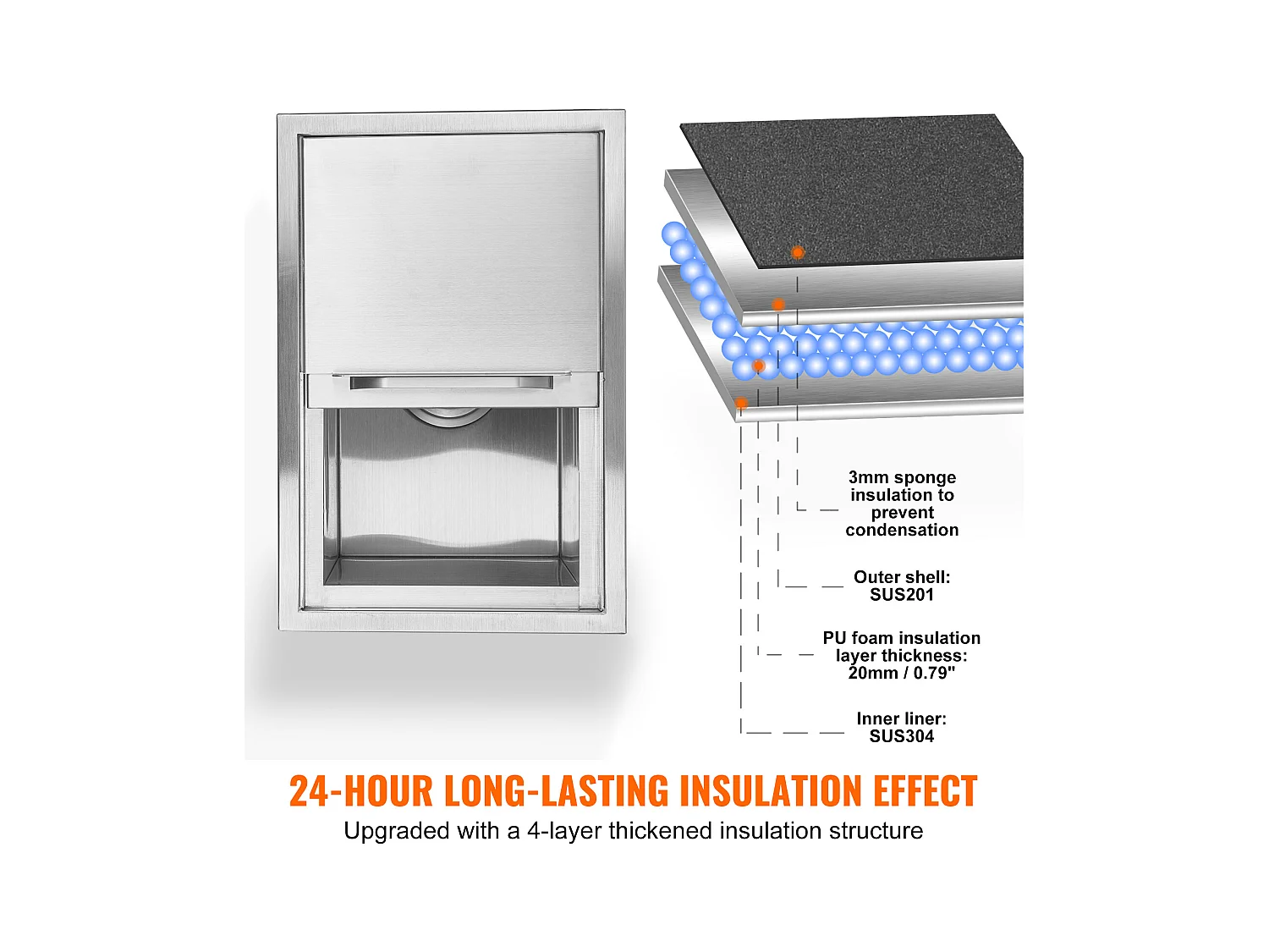 Coffre à Glace SucceBuy, 45,7 x 30,5 x 36,5 cm, en Acier Inoxydable, avec Couvercle, Bac à Glace, pour Cuisine Extérieure