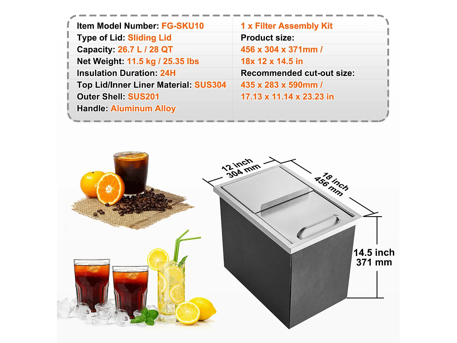 Coffre à Glace SucceBuy, 45,7 x 30,5 x 36,5 cm, en Acier Inoxydable, avec Couvercle, Bac à Glace, pour Cuisine Extérieure