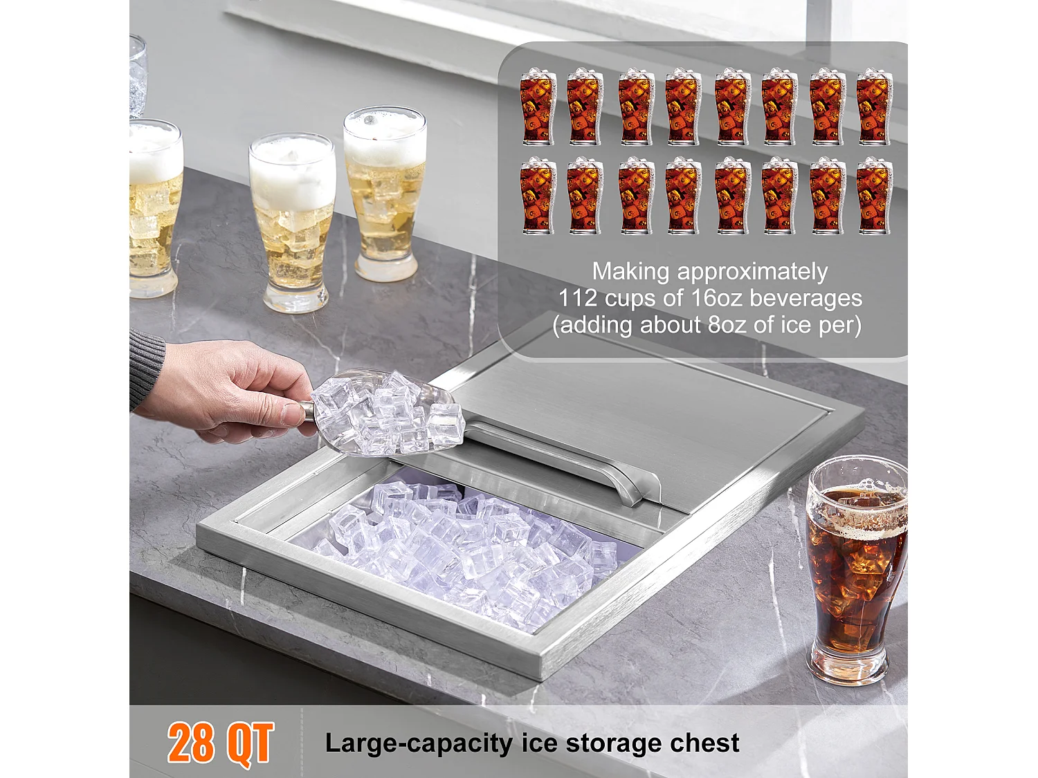 Coffre à Glace SucceBuy, 45,7 x 30,5 x 36,5 cm, en Acier Inoxydable, avec Couvercle, Bac à Glace, pour Cuisine Extérieure