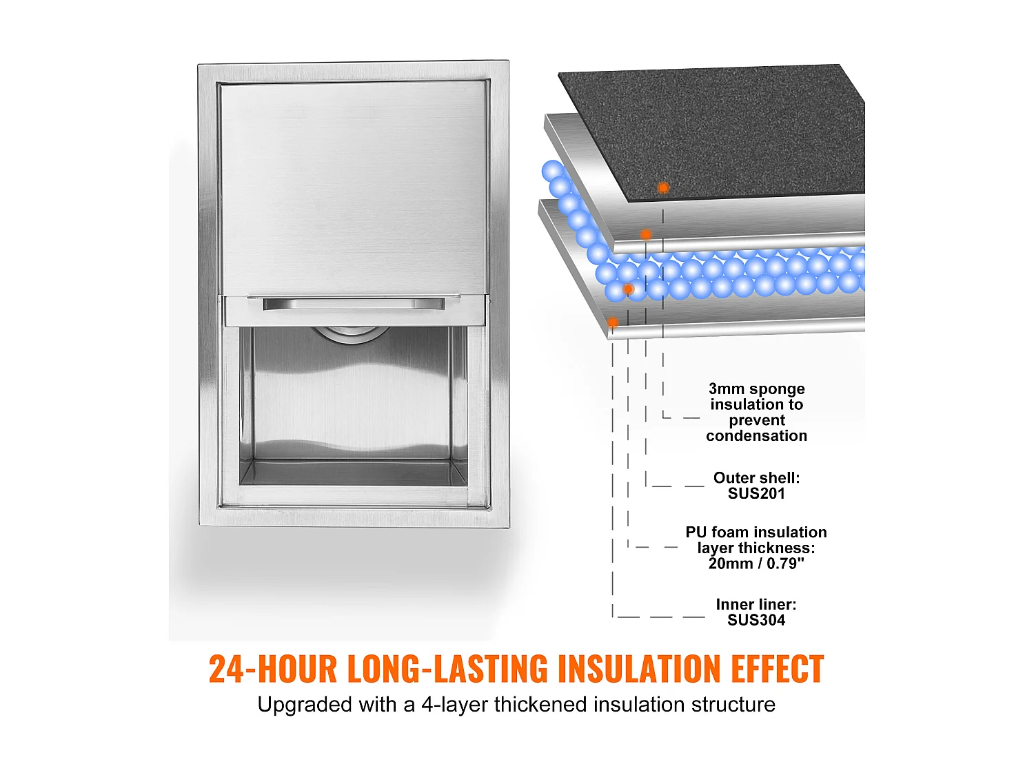 Coffre à Glace SucceBuy, 45,7 x 30,5 x 36,5 cm, en Acier Inoxydable, avec Couvercle, Bac à Glace, pour Cuisine Extérieure