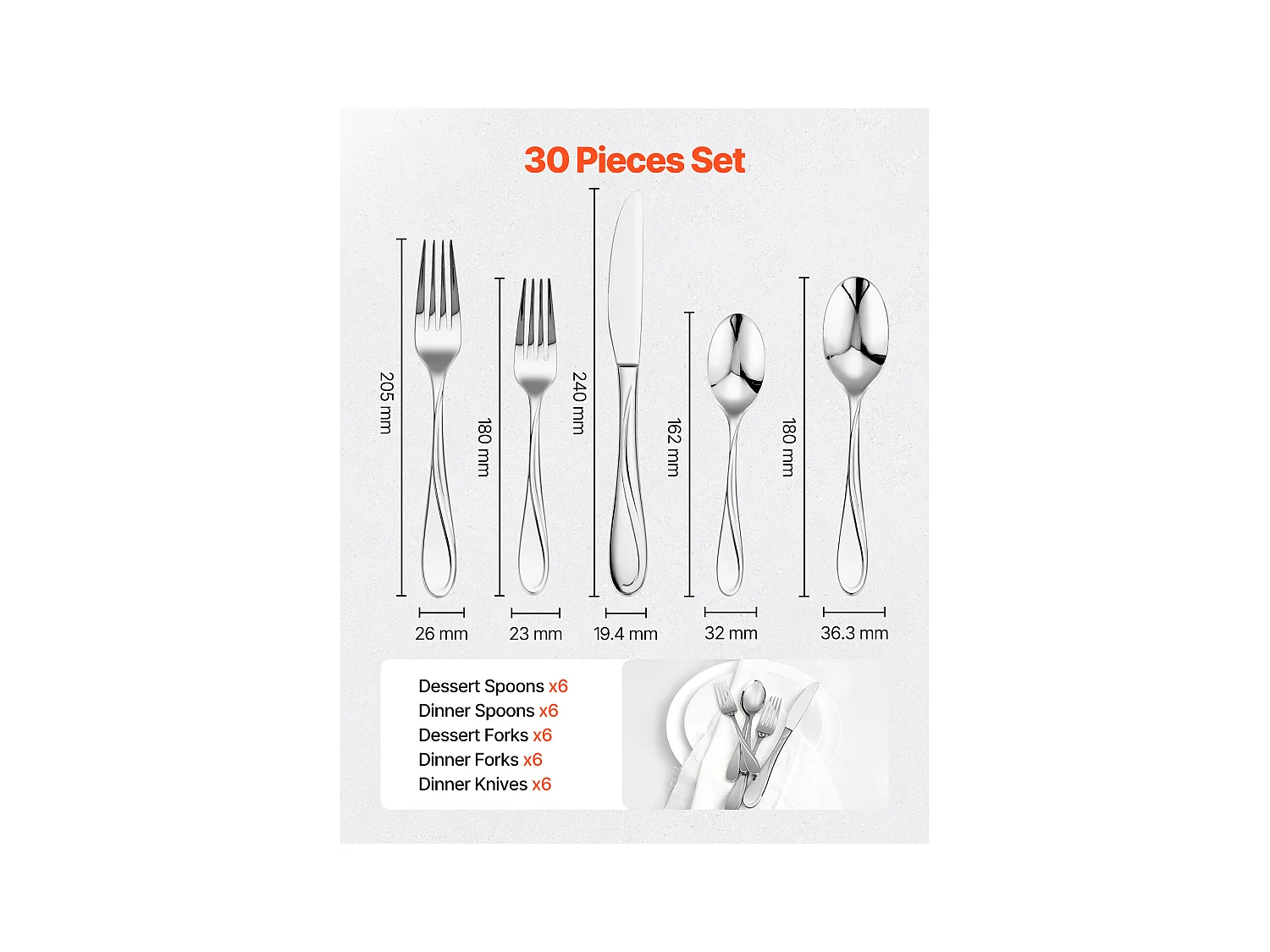 Ensemble de Couverts SucceBuy Ensemble de Couverts en Acier Inoxydable de 30 Pièces, Vaisselle Durable avec Finition Miroir, Vaisselle Lavable au Lave-Vaisselle