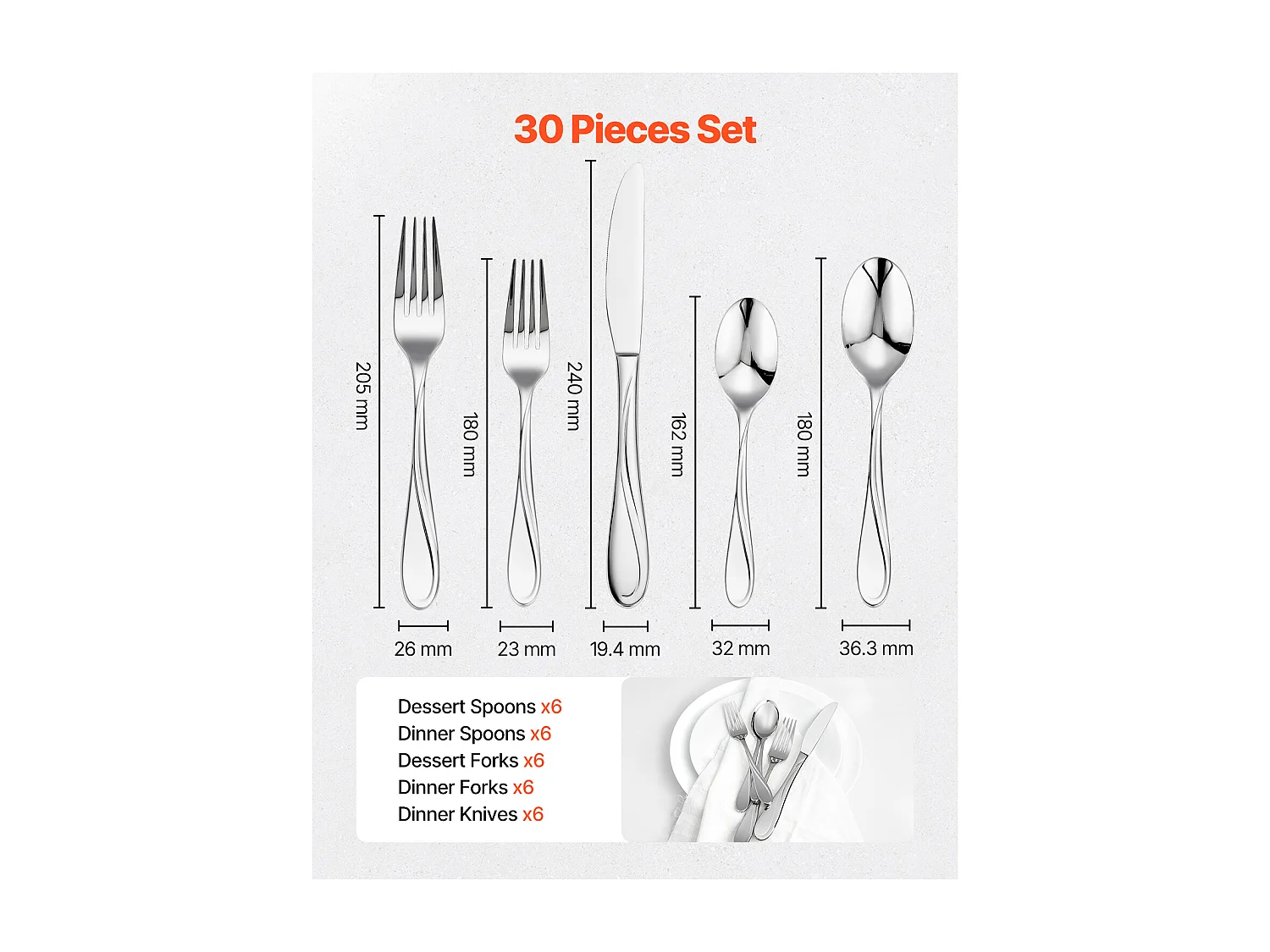 Ensemble de Couverts SucceBuy Ensemble de Couverts en Acier Inoxydable de 30 Pièces, Vaisselle Durable avec Finition Miroir, Vaisselle Lavable au Lave-Vaisselle