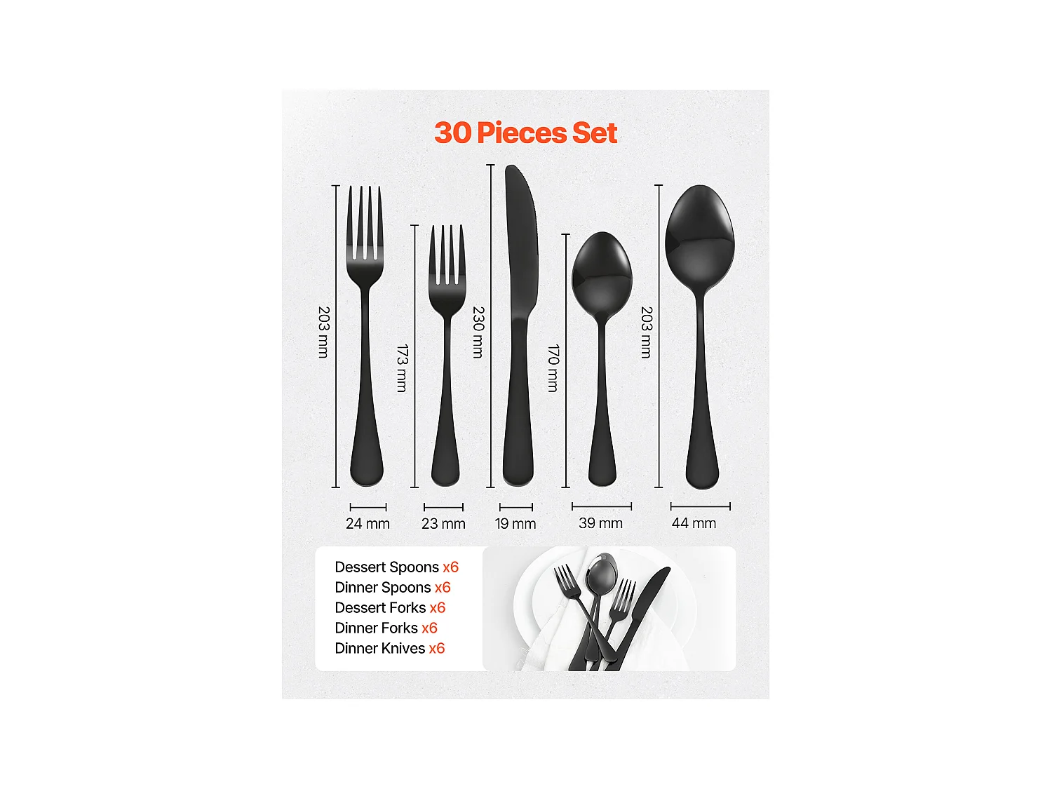 Set di Posate SucceBuy Set di Posate in Acciaio Inox da 30 Pezzi, Servizio per 6 Persone, Nero.