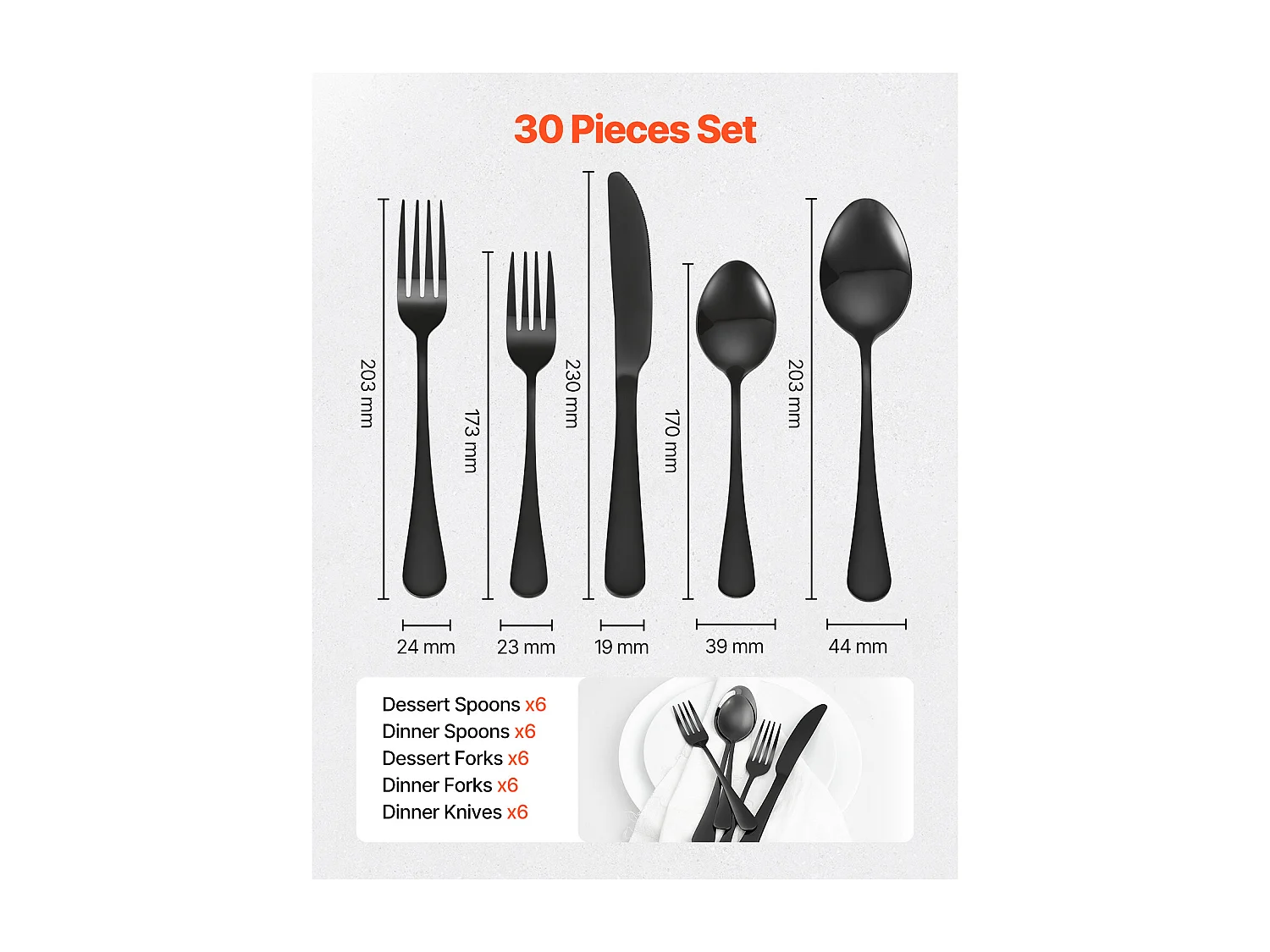 Set di Posate SucceBuy Set di Posate in Acciaio Inox da 30 Pezzi, Servizio per 6 Persone, Nero.