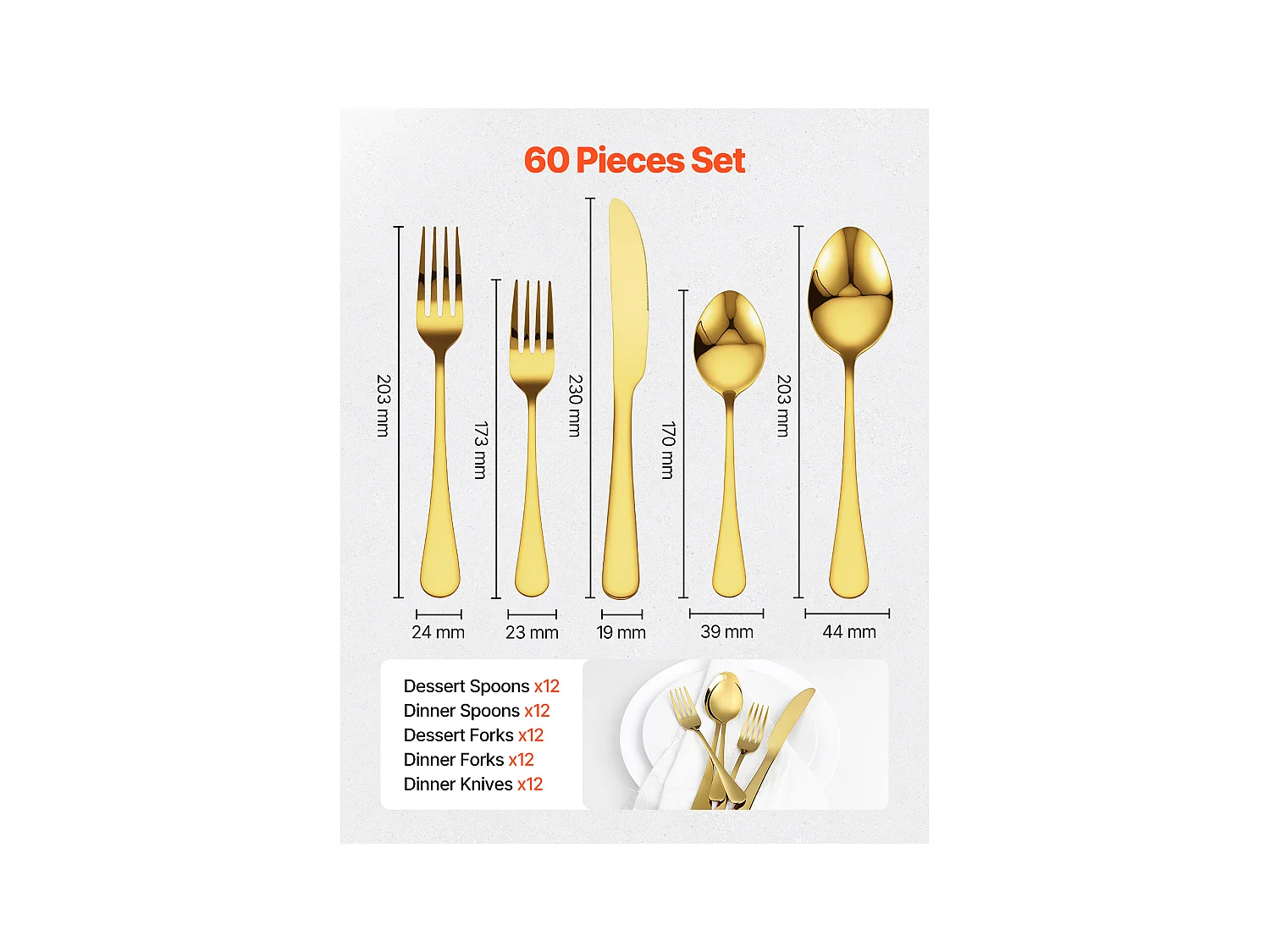 Ensemble de Couverts SucceBuy Ensemble de Couverts en Acier Inoxydable 60 Pièces, Couverts pour 12 Personnes, Cuisine.