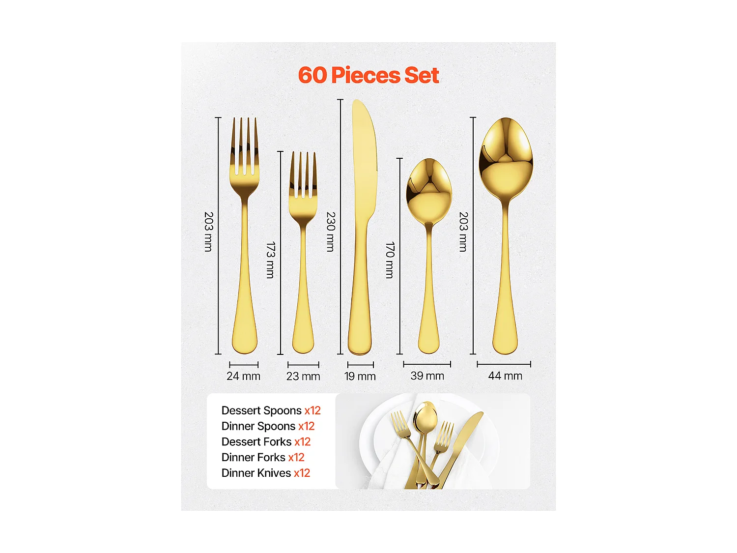 Conjunto de Talheres SucceBuy Conjunto de Talheres em Aço Inoxidável com 60 Peças para 12 Pessoas, Serviço de Cozinha.