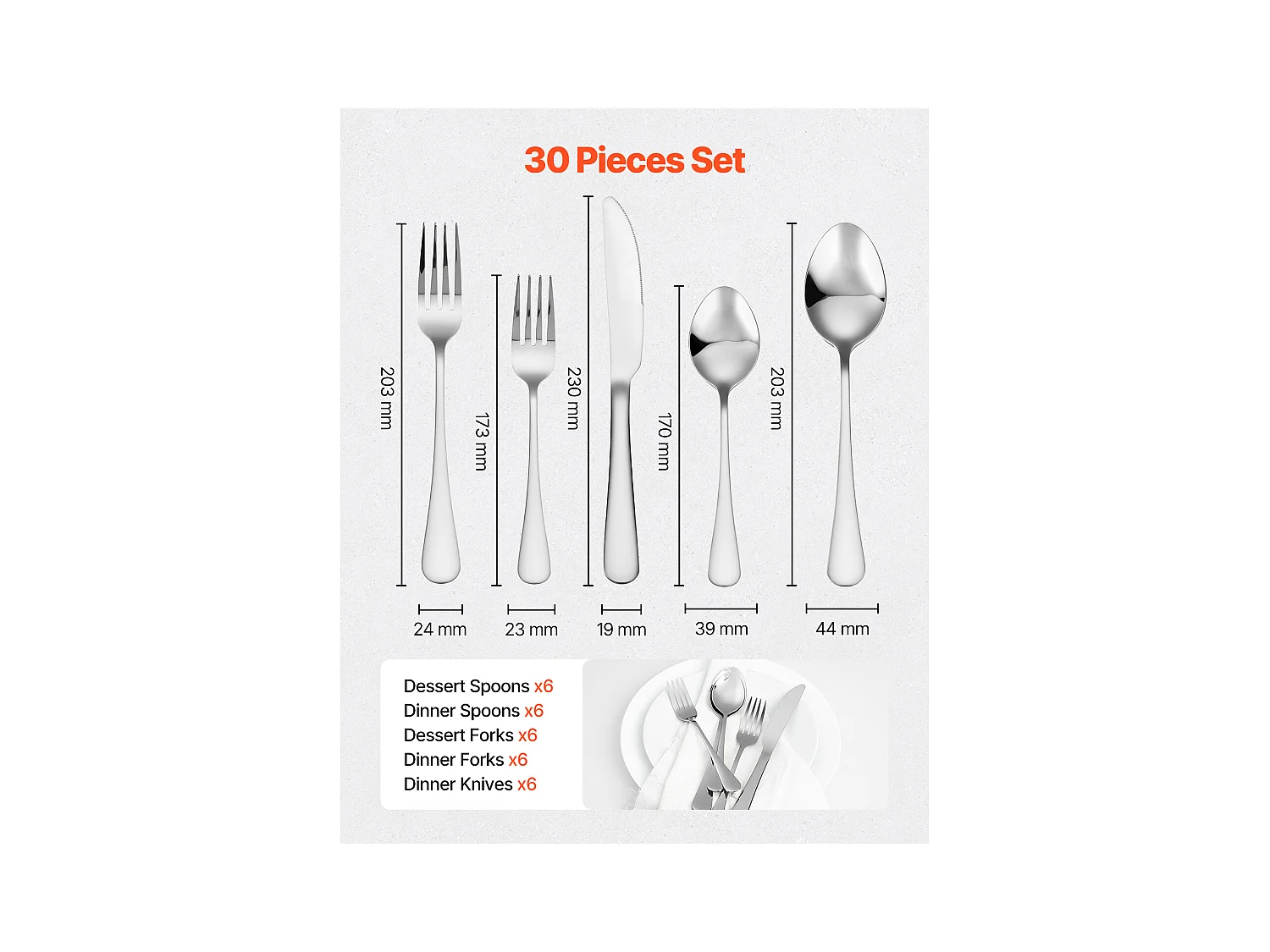 Ensemble de Couverts SucceBuy Ménagère 30 Pièces en Acier Inoxydable, Couverts pour 6 Personnes, Ustensiles de Cuisine.