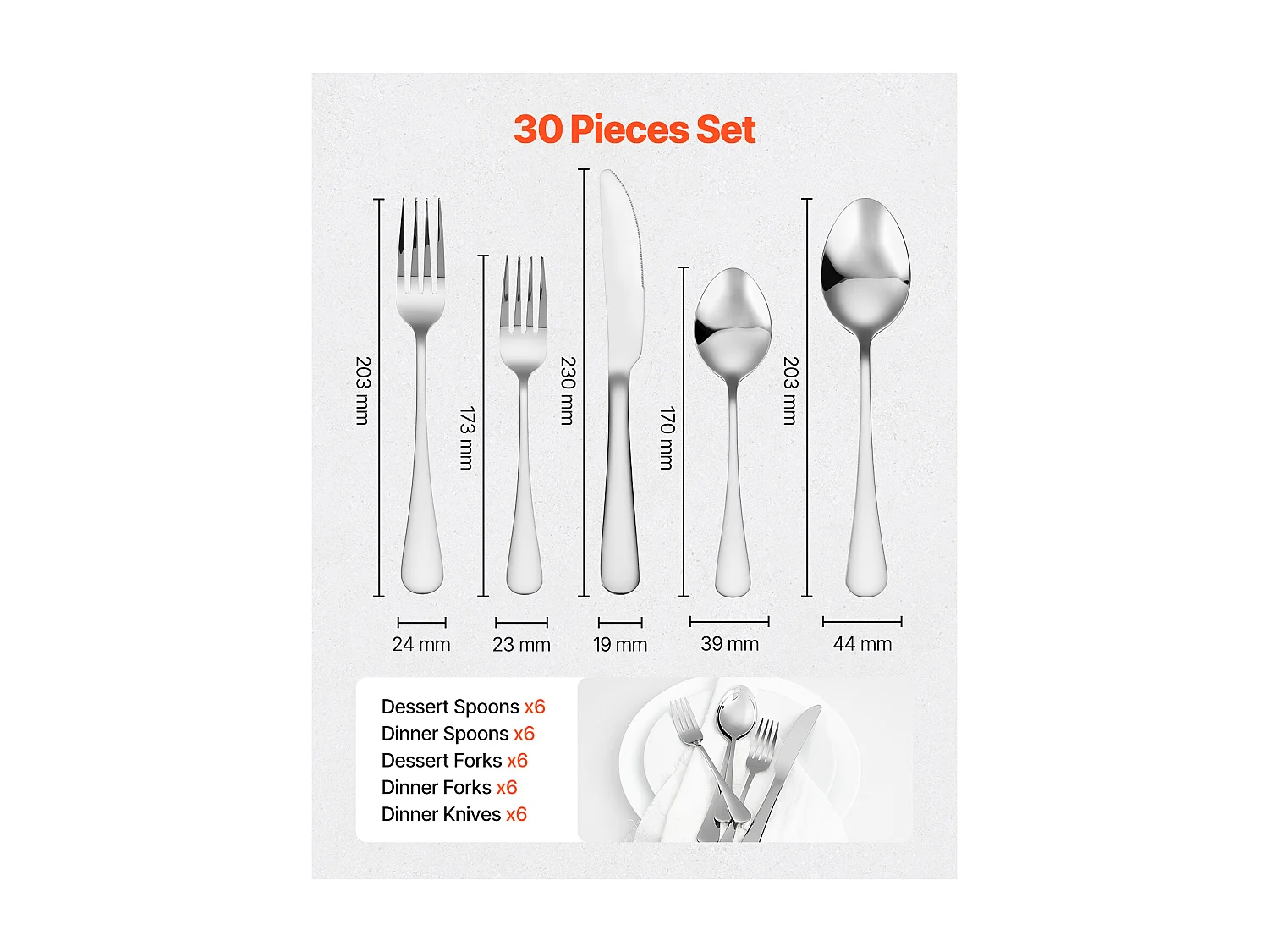 Ensemble de Couverts SucceBuy Ménagère 30 Pièces en Acier Inoxydable, Couverts pour 6 Personnes, Ustensiles de Cuisine.