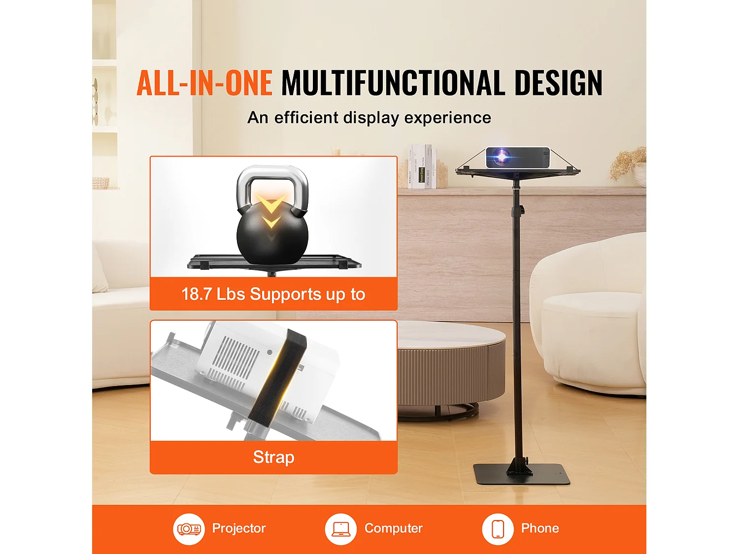 Stojak na Projektor, SucceBuy Stojak na Projektor, Stojak Podłogowy, Regulowana Wysokość 77-161 cm