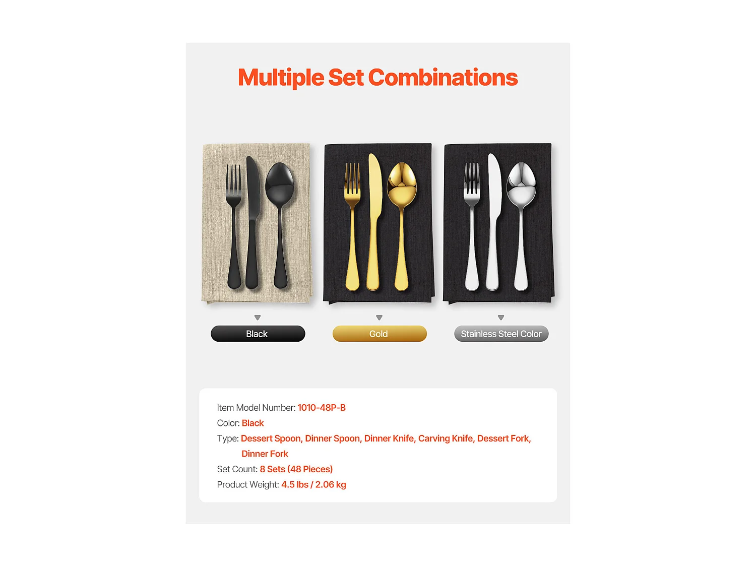 Ensemble de Couverts SucceBuy Ensemble de Couverts 48 Pièces en Acier Inoxydable pour 8 Personnes, Noir.