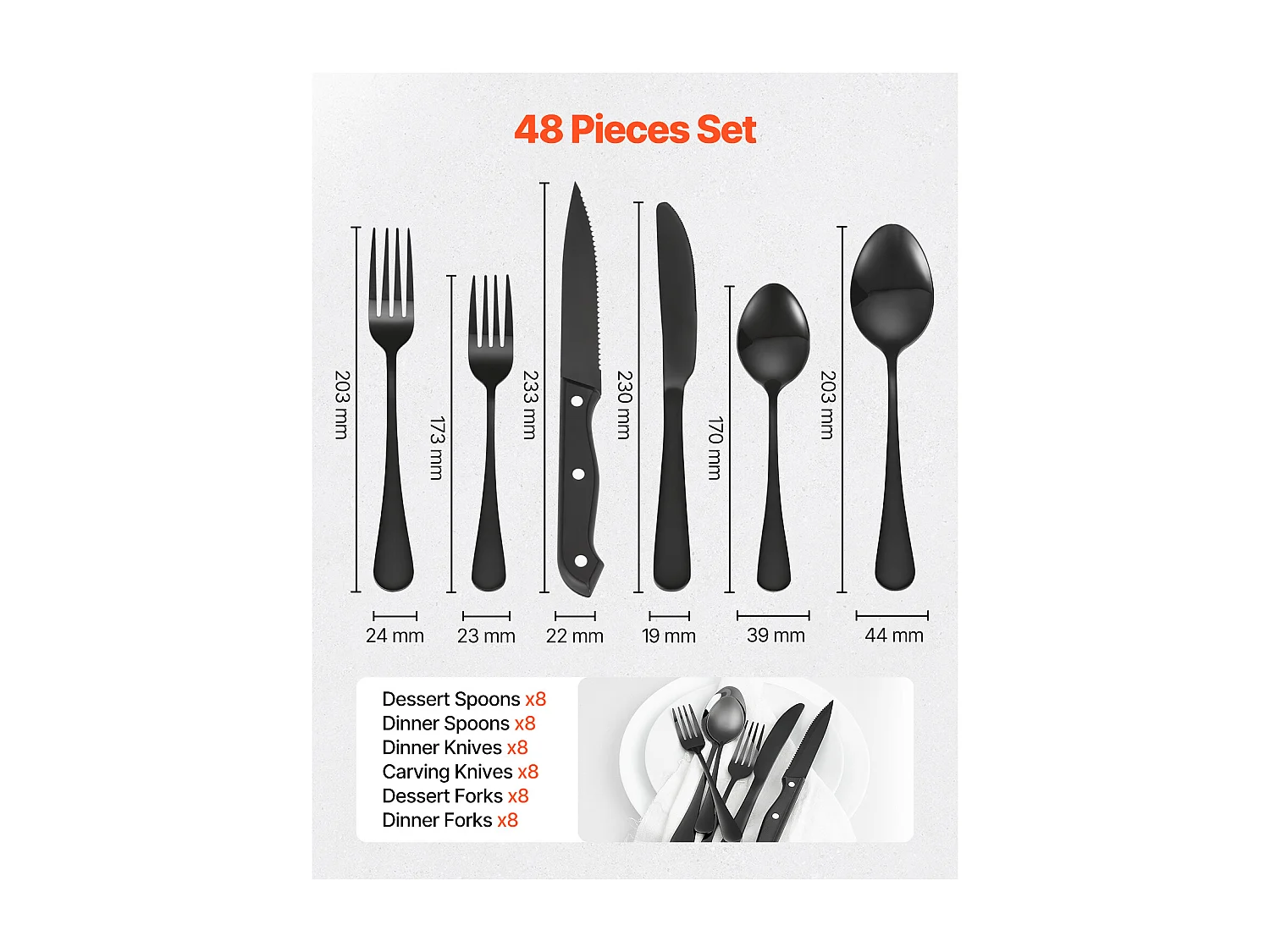 Ensemble de Couverts SucceBuy Ensemble de Couverts 48 Pièces en Acier Inoxydable pour 8 Personnes, Noir.