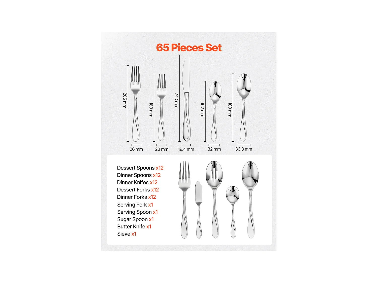 Ensemble de Couverts SucceBuy Ménagère 65 Pièces en Acier Inoxydable, Couverts pour 12 Personnes, Cuisine.