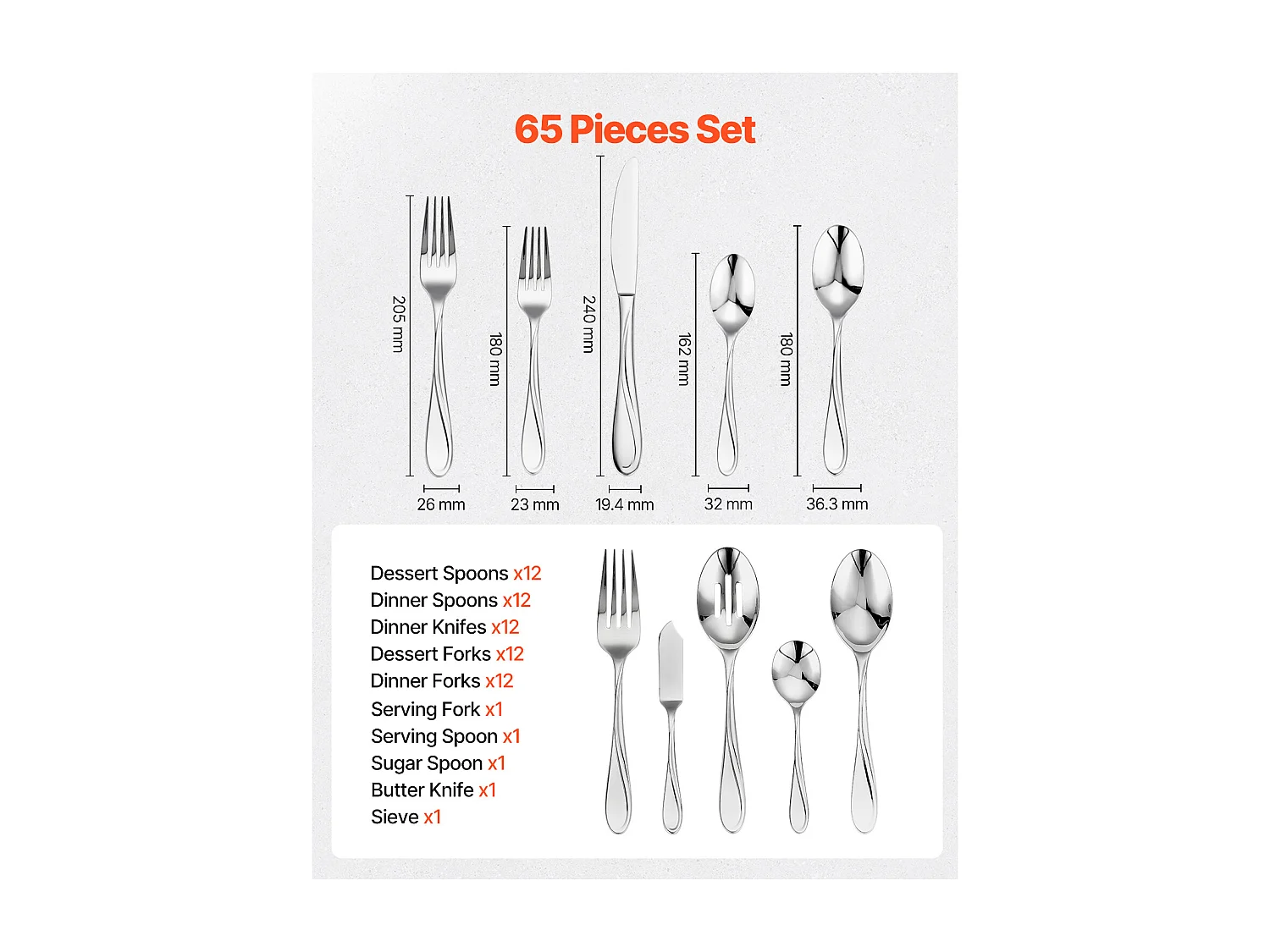 Ensemble de Couverts SucceBuy Ménagère 65 Pièces en Acier Inoxydable, Couverts pour 12 Personnes, Cuisine.