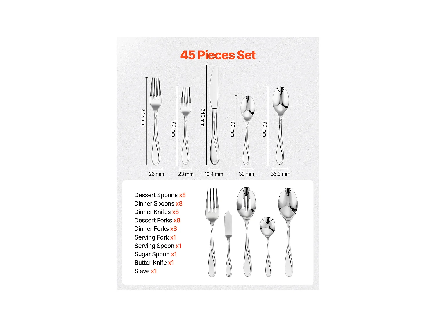 Ensemble de Couverts SucceBuy Ménagère 45 Pièces en Acier Inoxydable, Couverts pour 8 Personnes, Ustensiles de Cuisine.