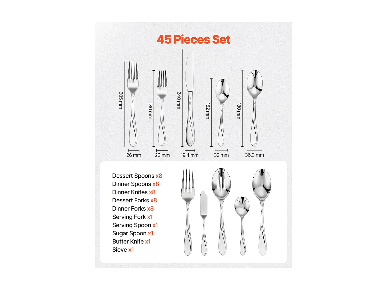 Ensemble de Couverts SucceBuy Ménagère 45 Pièces en Acier Inoxydable, Couverts pour 8 Personnes, Ustensiles de Cuisine.