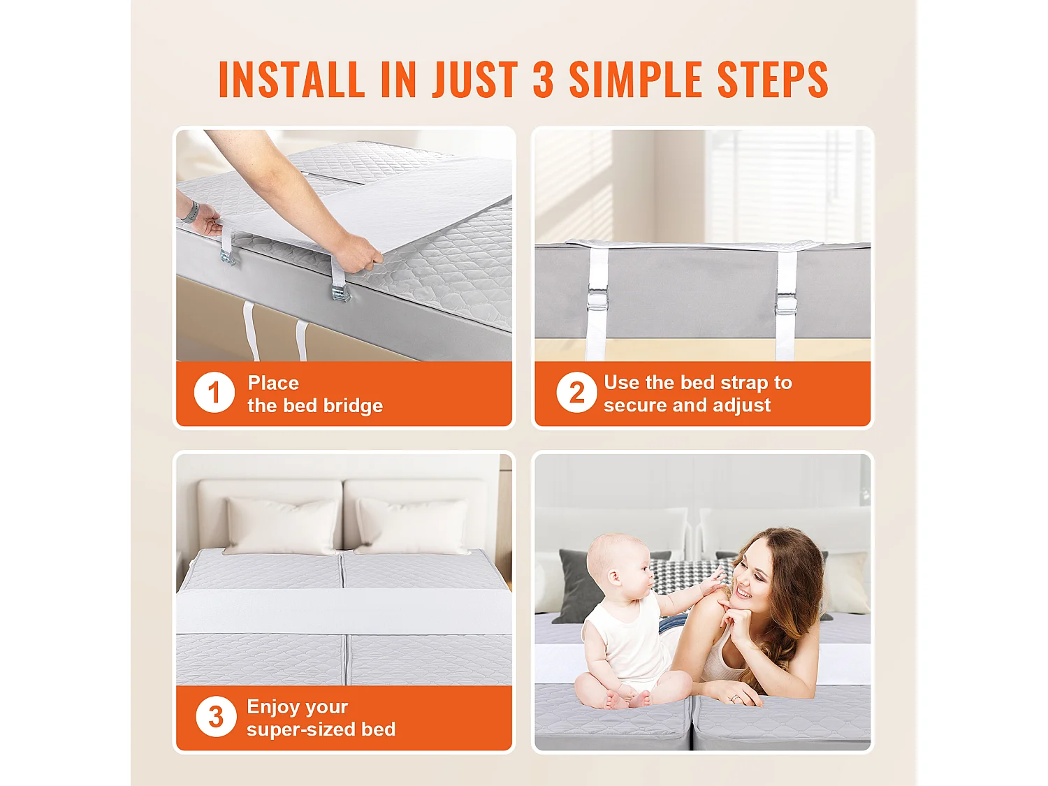 Bettbrücke 254 x 61 cm SucceBuy, Verbinder-Set für King-Size-Bett mit Starker Metallschlaufe, Formgedächtnisschaum 25D