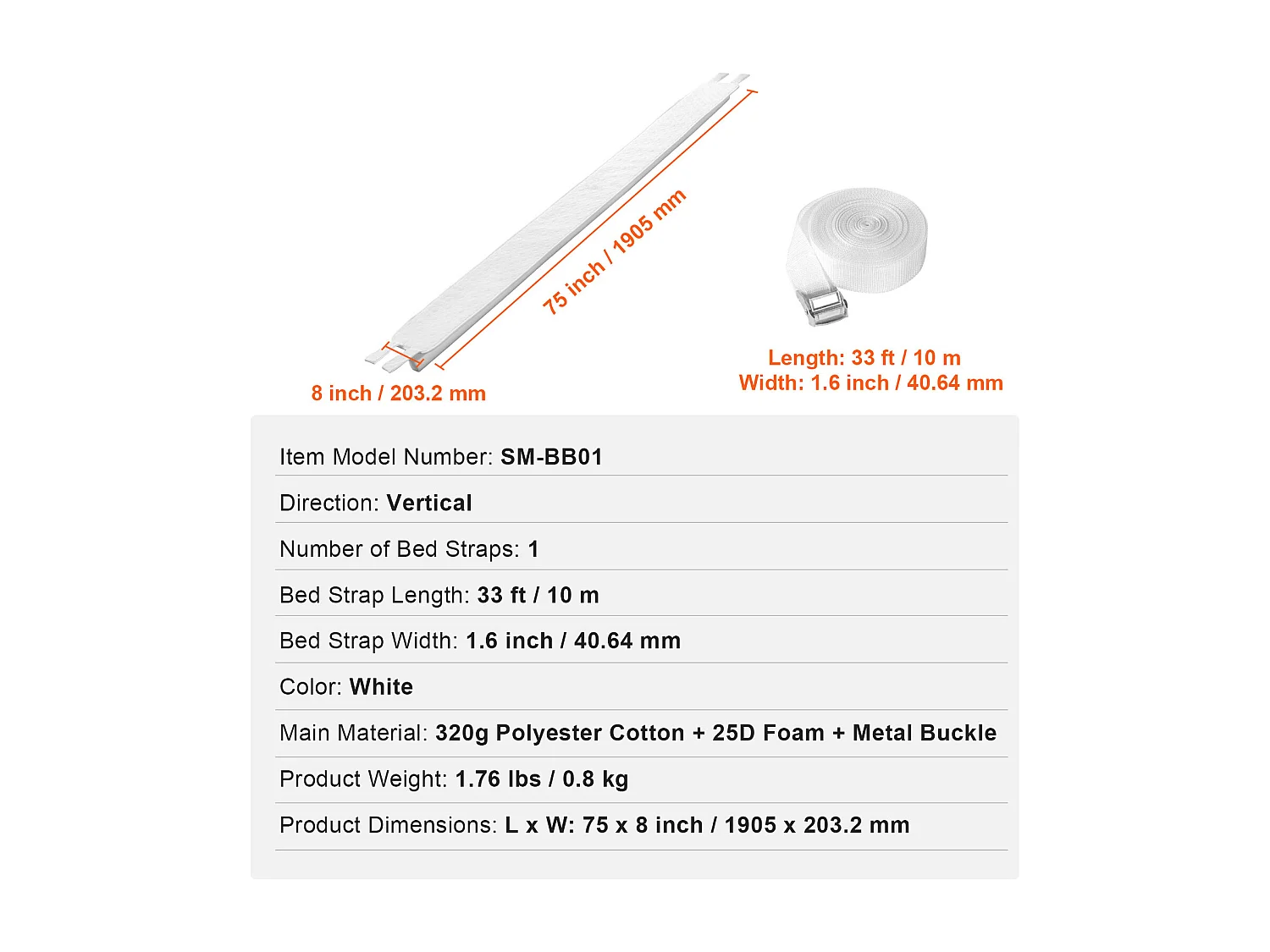 Bedbrug 190,5 x 20,32 cm SucceBuy, met Sterke Metaalring en Opbergzak, Vormgeheugenschuim 25D