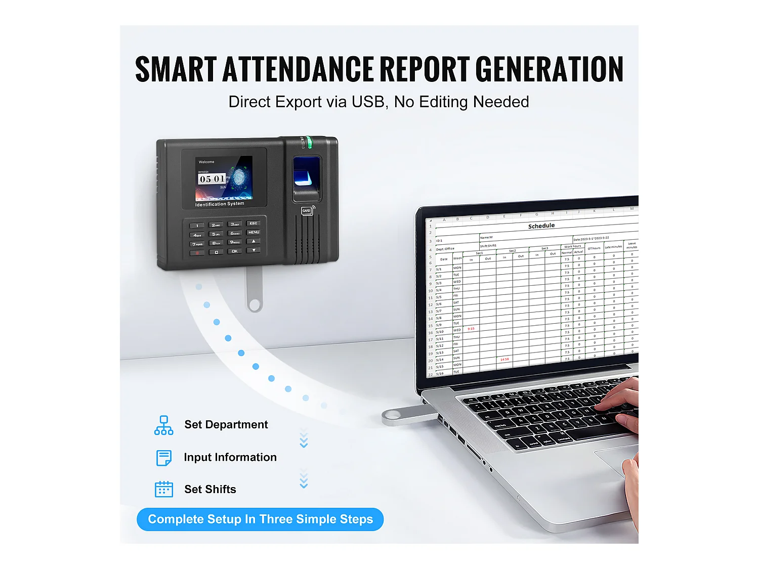 Horloge Biométrique SucceBuy, avec 100 000 Enregistrements et RFID pour Les Employés, pour Petites Entreprises, 5 Cartes RFID, Sans Frais Mensuels