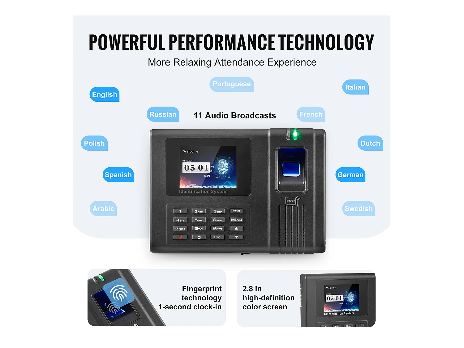 Horloge Biométrique SucceBuy, avec 100 000 Enregistrements et RFID pour Les Employés, pour Petites Entreprises, 5 Cartes RFID, Sans Frais Mensuels