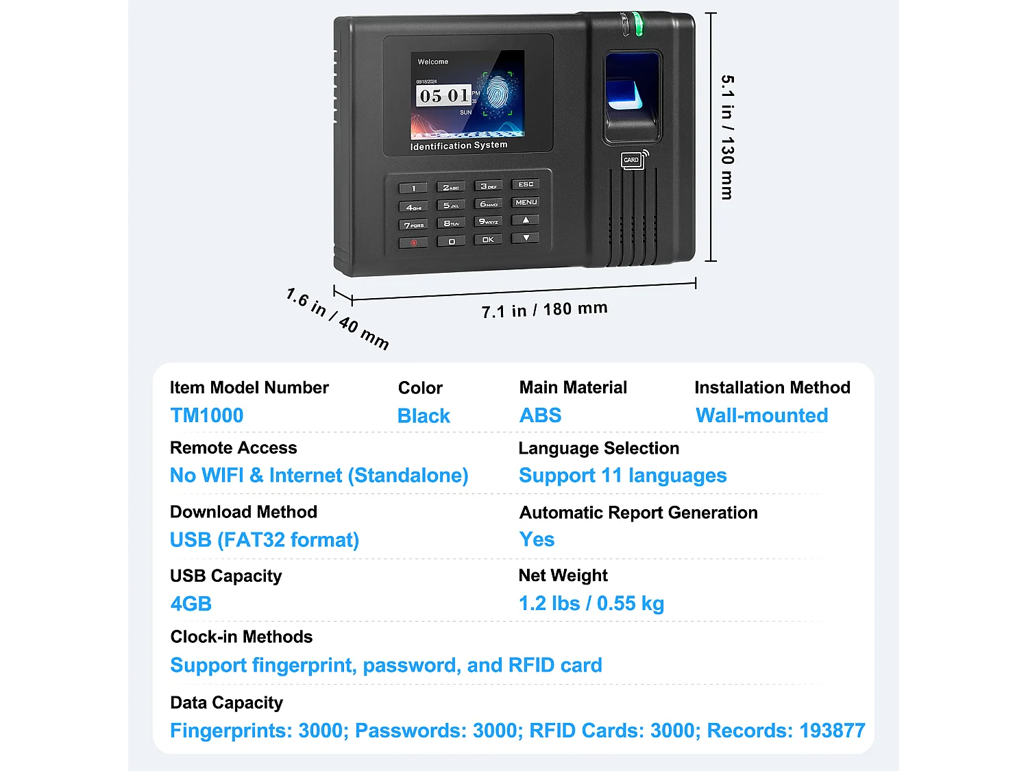 Horloge Biométrique SucceBuy, avec 100 000 Enregistrements et RFID pour Les Employés, pour Petites Entreprises, 5 Cartes RFID, Sans Frais Mensuels