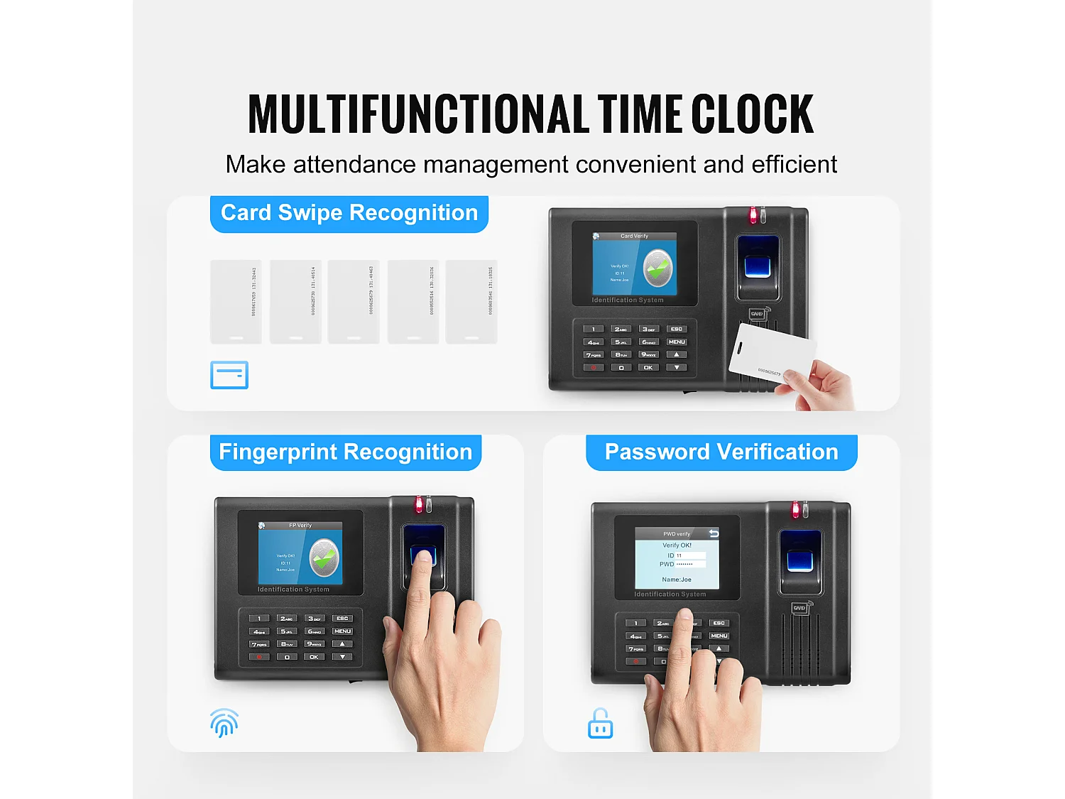 Horloge Biométrique SucceBuy, avec 100 000 Enregistrements et RFID pour Les Employés, pour Petites Entreprises, 5 Cartes RFID, Sans Frais Mensuels