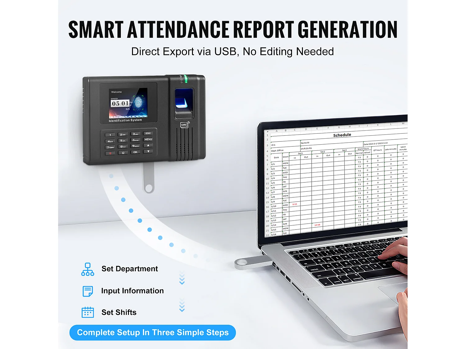 Horloge Biométrique SucceBuy, avec 100 000 Enregistrements et RFID pour Les Employés, pour Petites Entreprises, 5 Cartes RFID, Sans Frais Mensuels