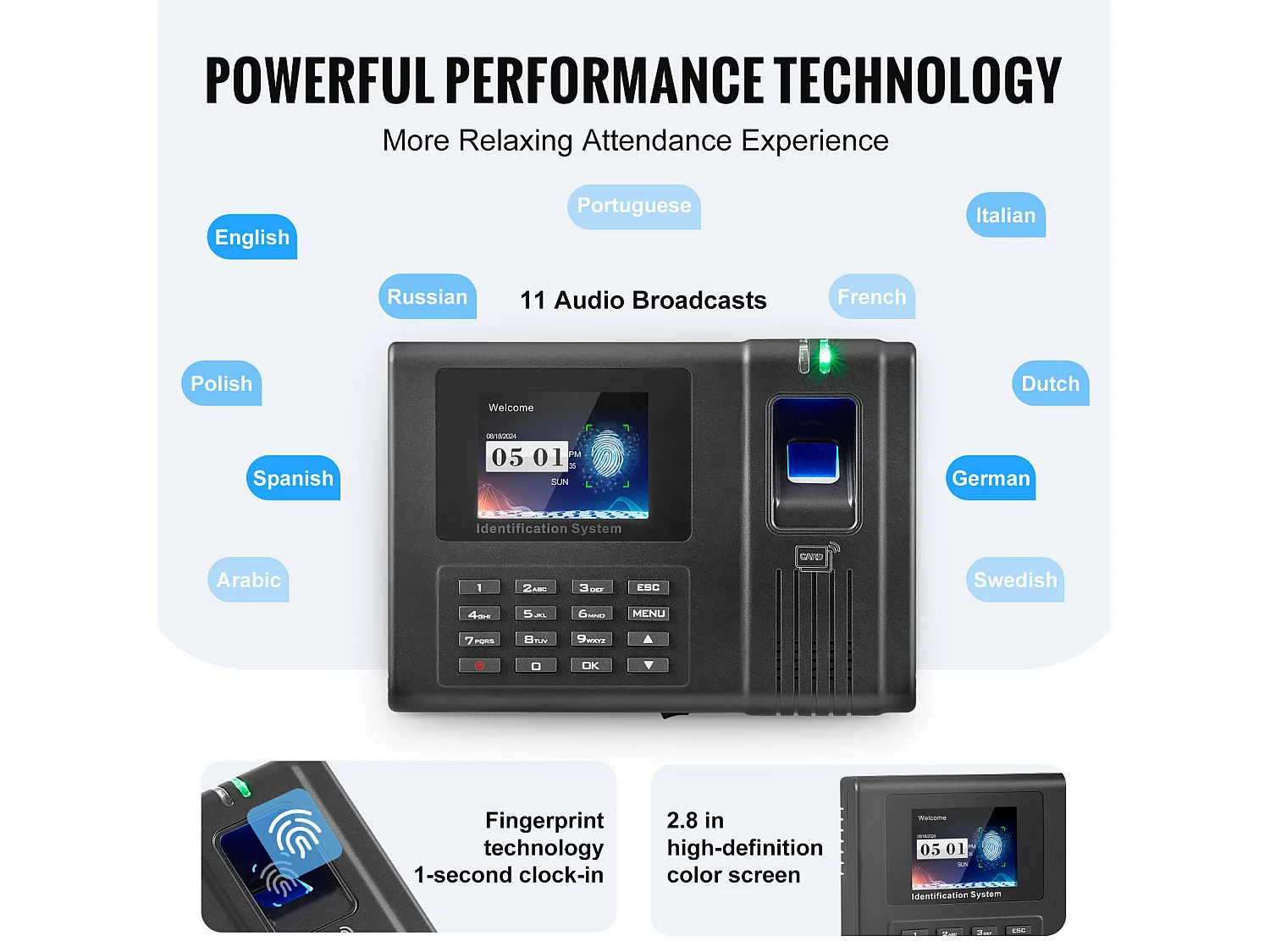 Horloge Biométrique SucceBuy, avec 100 000 Enregistrements et RFID pour Les Employés, pour Petites Entreprises, 5 Cartes RFID, Sans Frais Mensuels