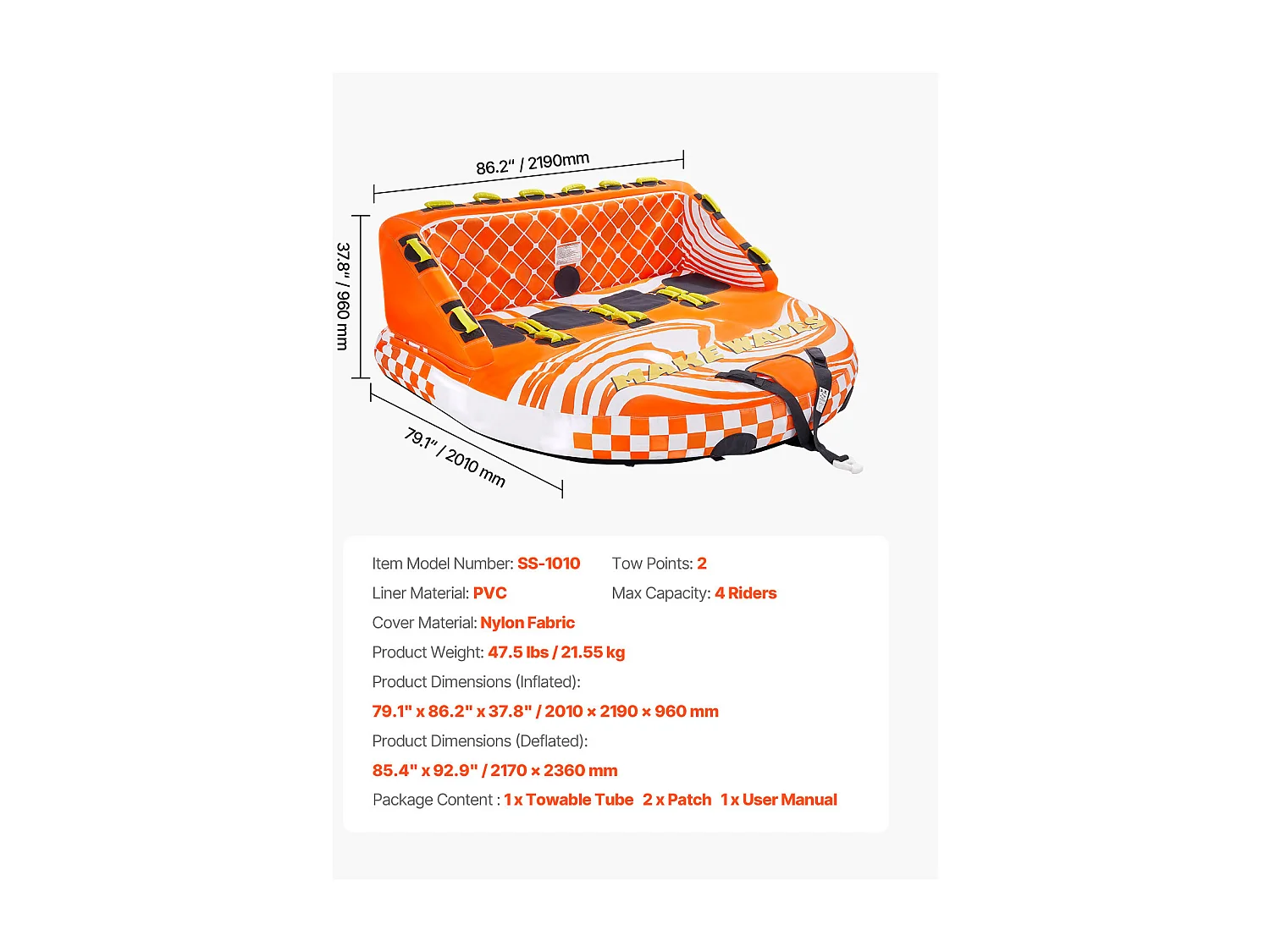 Tubo Remolcable SucceBuy para Navegación, Flotador Remolcable Inflable para Deportes Acuáticos de 1 a 4 Pasajeros