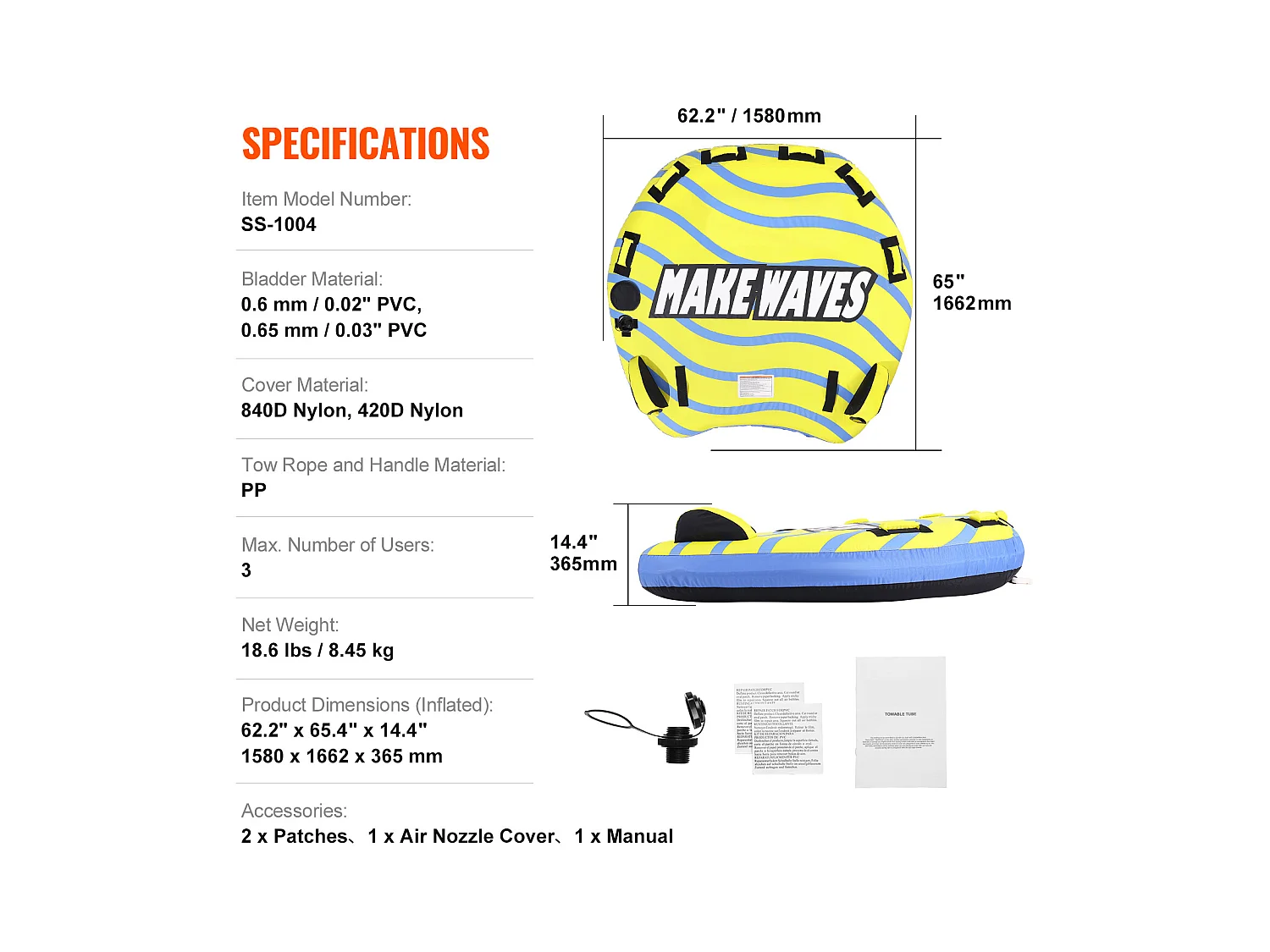 Tubo Remolcable SucceBuy para 1 a 3 Pasajeros, Inflable, 231 kg, Cubierta de Nylon, Asas de EVA