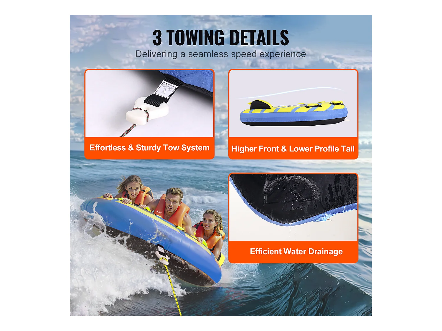 Tubo Remolcable SucceBuy para 1 a 3 Pasajeros, Inflable, 231 kg, Cubierta de Nylon, Asas de EVA