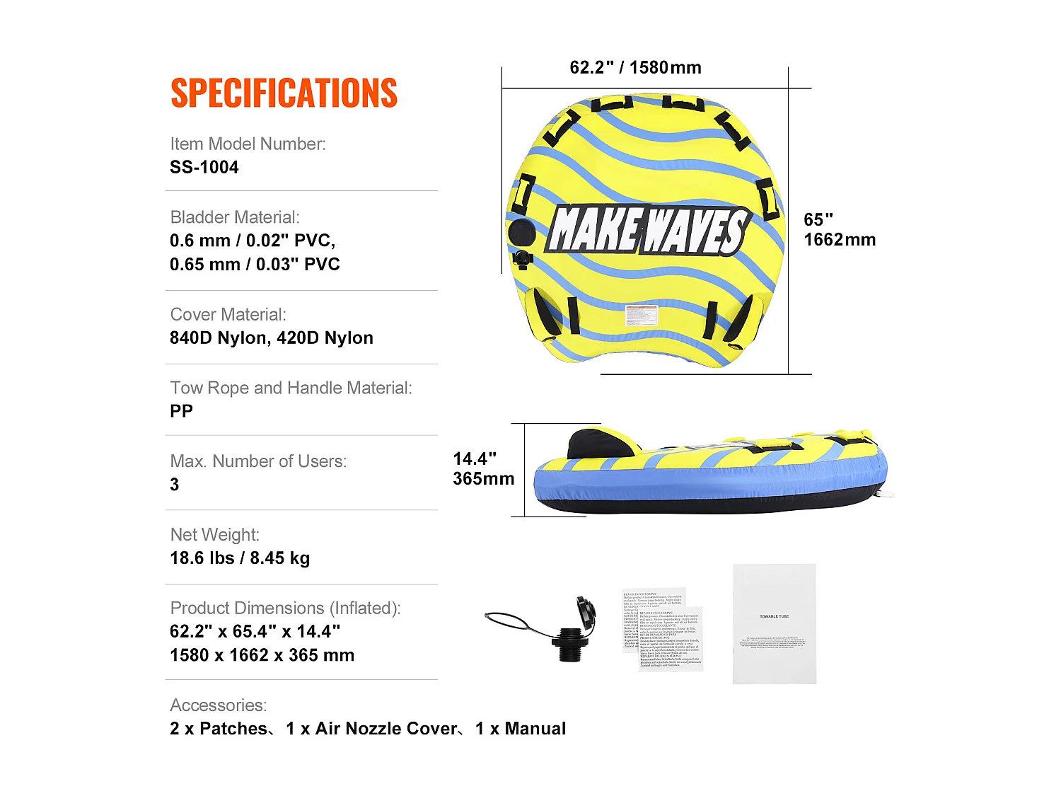 Bouée Tractée, SucceBuy Chambre à Air Tractable pour 1 à 3 Passagers, Gonflable, 231 kg, Housse en Nylon, Poignées EVA