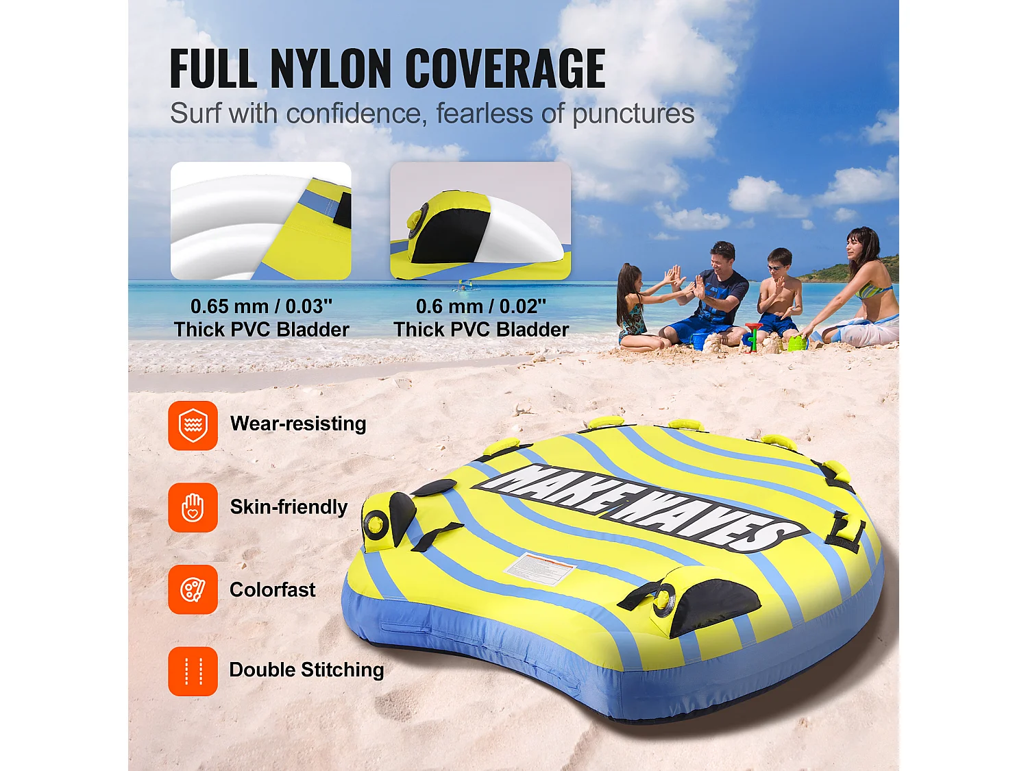 Bouée Tractée, SucceBuy Chambre à Air Tractable pour 1 à 3 Passagers, Gonflable, 231 kg, Housse en Nylon, Poignées EVA