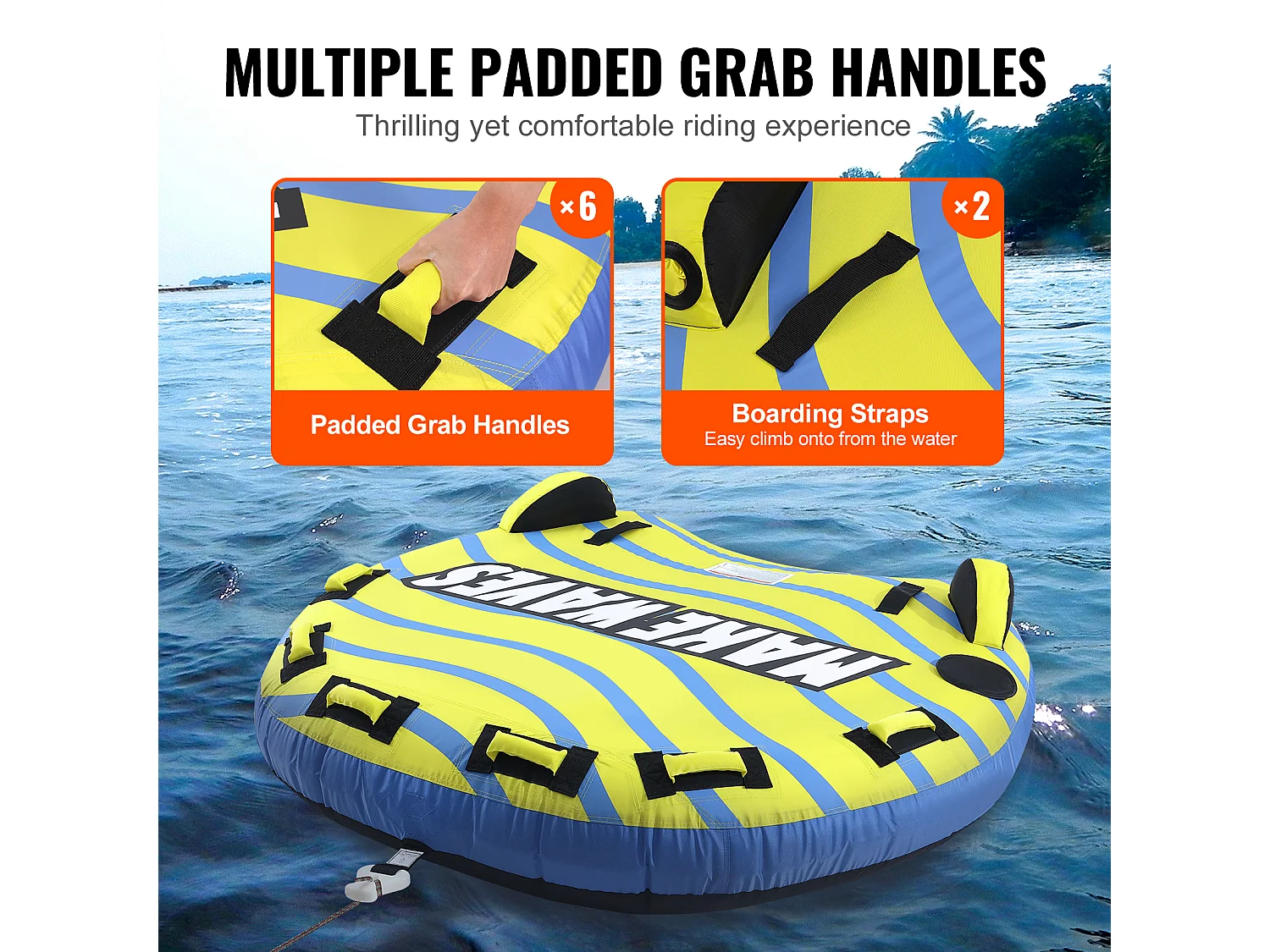Bouée Tractée, SucceBuy Chambre à Air Tractable pour 1 à 3 Passagers, Gonflable, 231 kg, Housse en Nylon, Poignées EVA