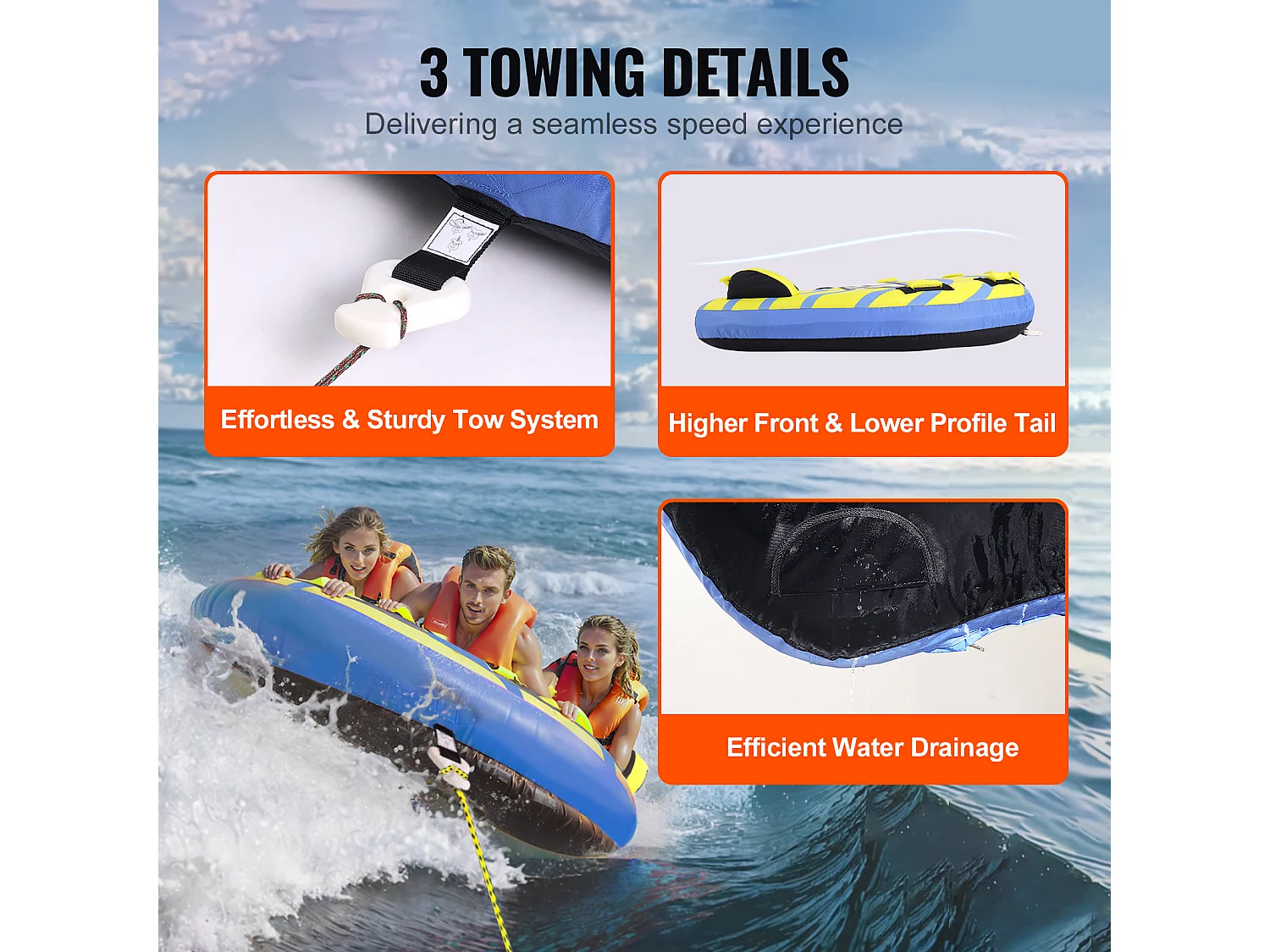 Bouée Tractée, SucceBuy Chambre à Air Tractable pour 1 à 3 Passagers, Gonflable, 231 kg, Housse en Nylon, Poignées EVA