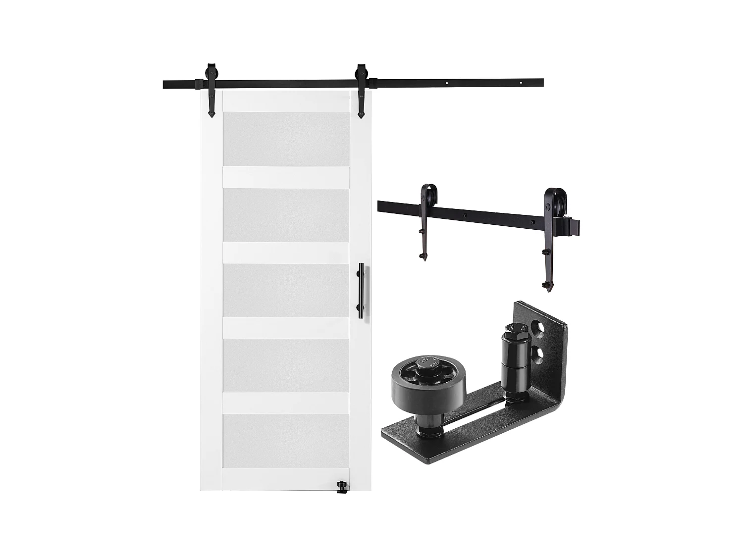 Kit de Porte de Grange Coulissante SucceBuy, 91 x 213 cm, Bois et Verre Dépoli, Épicéa, Guide de Sol 8 en 1