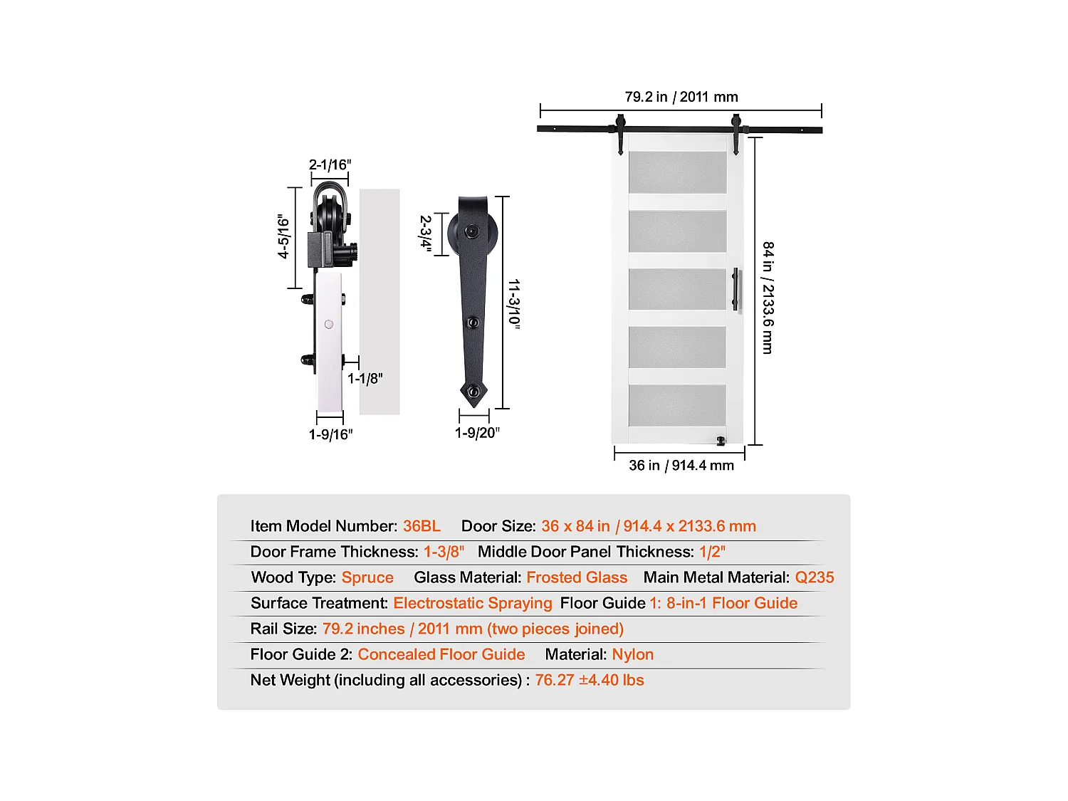 Kit de Porte de Grange Coulissante SucceBuy, 91 x 213 cm, Bois et Verre Dépoli, Épicéa, Guide de Sol 8 en 1
