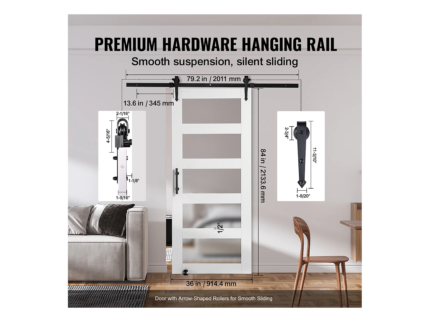Kit de Porte de Grange Coulissante SucceBuy, 91 x 213 cm, Bois et Verre Dépoli, Épicéa, Guide de Sol 8 en 1