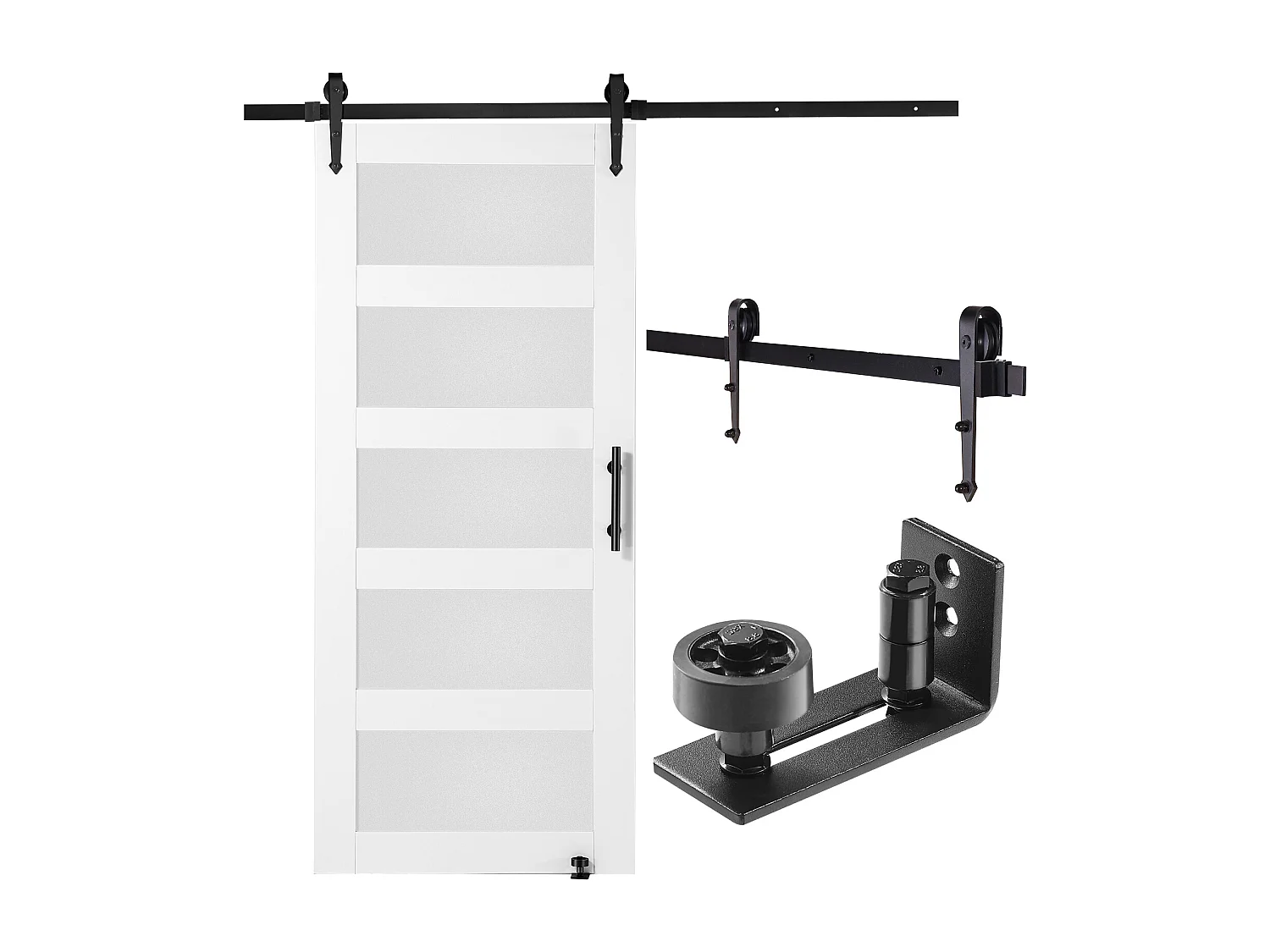 Kit de Puerta Corredera Tipo Granero SucceBuy, 91 x 213 cm, Madera y Vidrio Esmerilado, Abeto, Guía de Suelo 8 en 1