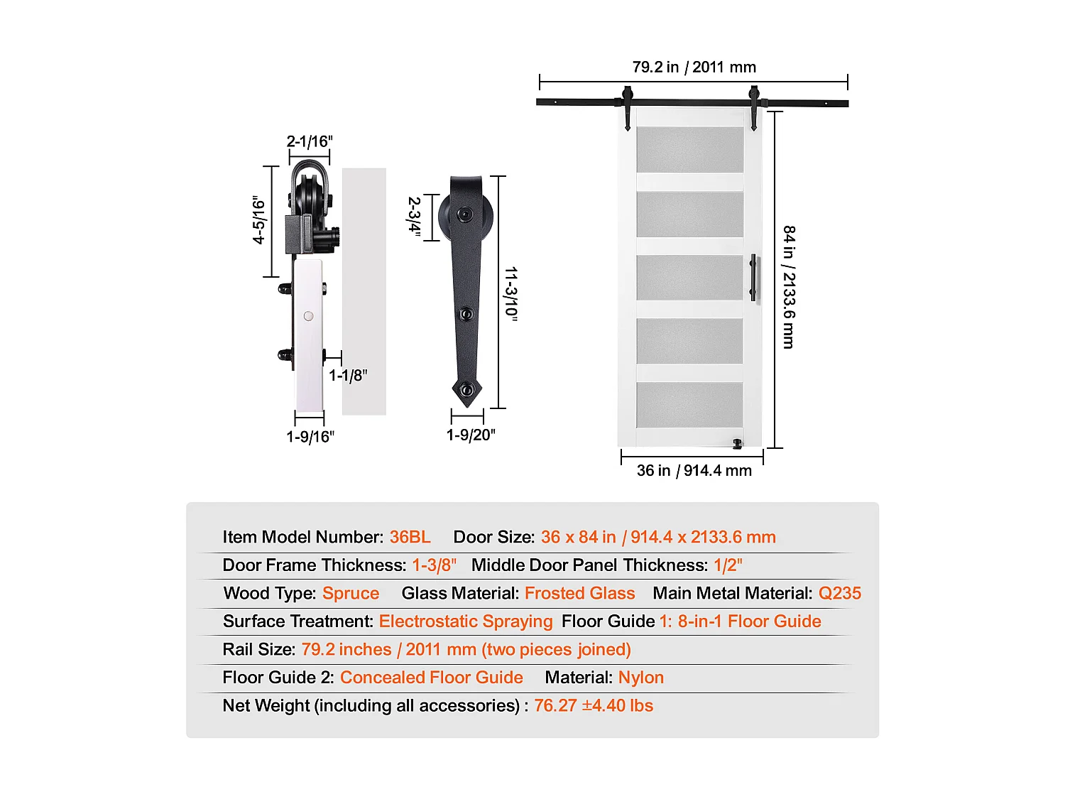 Kit de Puerta Corredera Tipo Granero SucceBuy, 91 x 213 cm, Madera y Vidrio Esmerilado, Abeto, Guía de Suelo 8 en 1