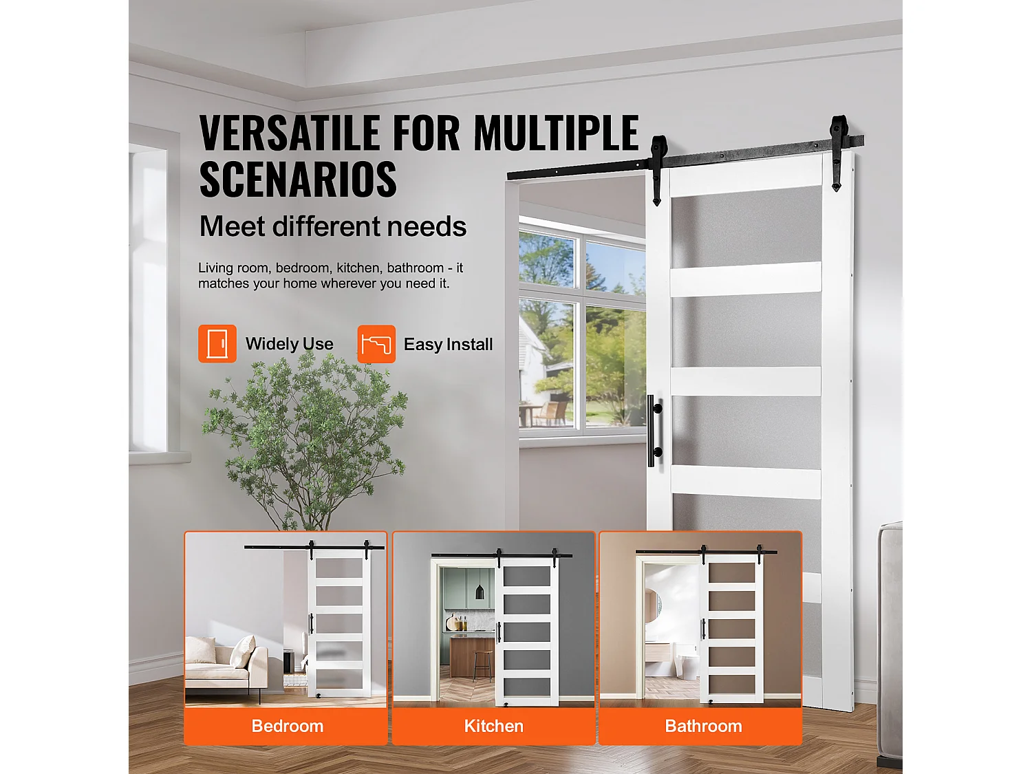 Kit de Puerta Corredera Tipo Granero SucceBuy, 91 x 213 cm, Madera y Vidrio Esmerilado, Abeto, Guía de Suelo 8 en 1