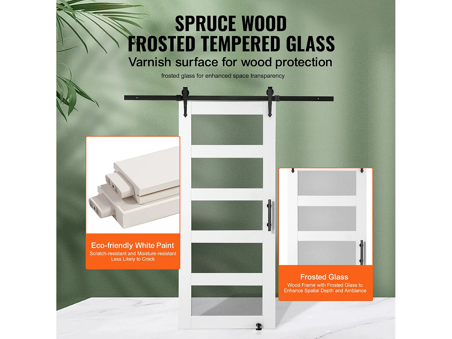 Kit de Puerta Corredera Tipo Granero SucceBuy, 91 x 213 cm, Madera y Vidrio Esmerilado, Abeto, Guía de Suelo 8 en 1