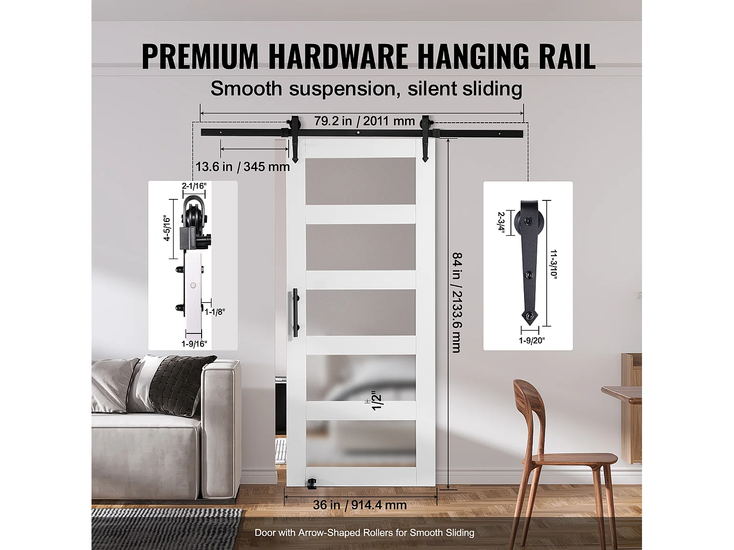 Kit de Puerta Corredera Tipo Granero SucceBuy, 91 x 213 cm, Madera y Vidrio Esmerilado, Abeto, Guía de Suelo 8 en 1