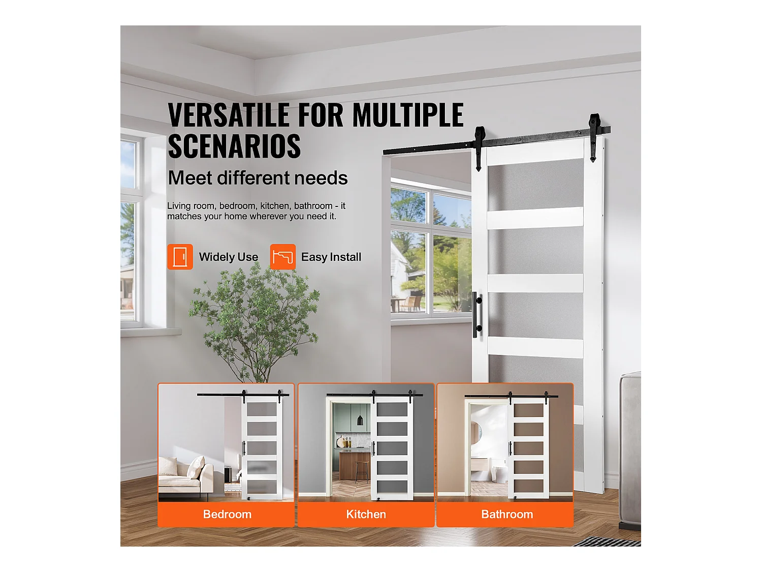 Kit de Porte de Grange Coulissante SucceBuy, 76 x 213 cm, Porte Coulissante en Bois et en Verre, Guide au sol 8 en 1, Fonctionnement Fluide et Silencieux