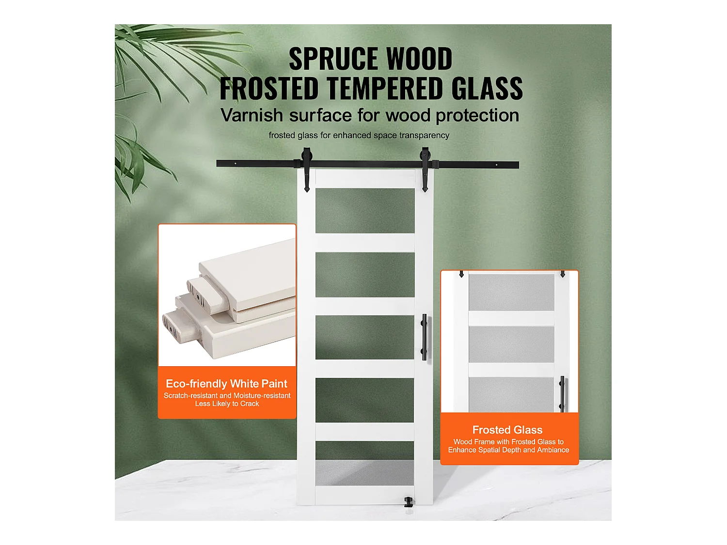 Kit de Porte de Grange Coulissante SucceBuy, 76 x 213 cm, Porte Coulissante en Bois et en Verre, Guide au sol 8 en 1, Fonctionnement Fluide et Silencieux