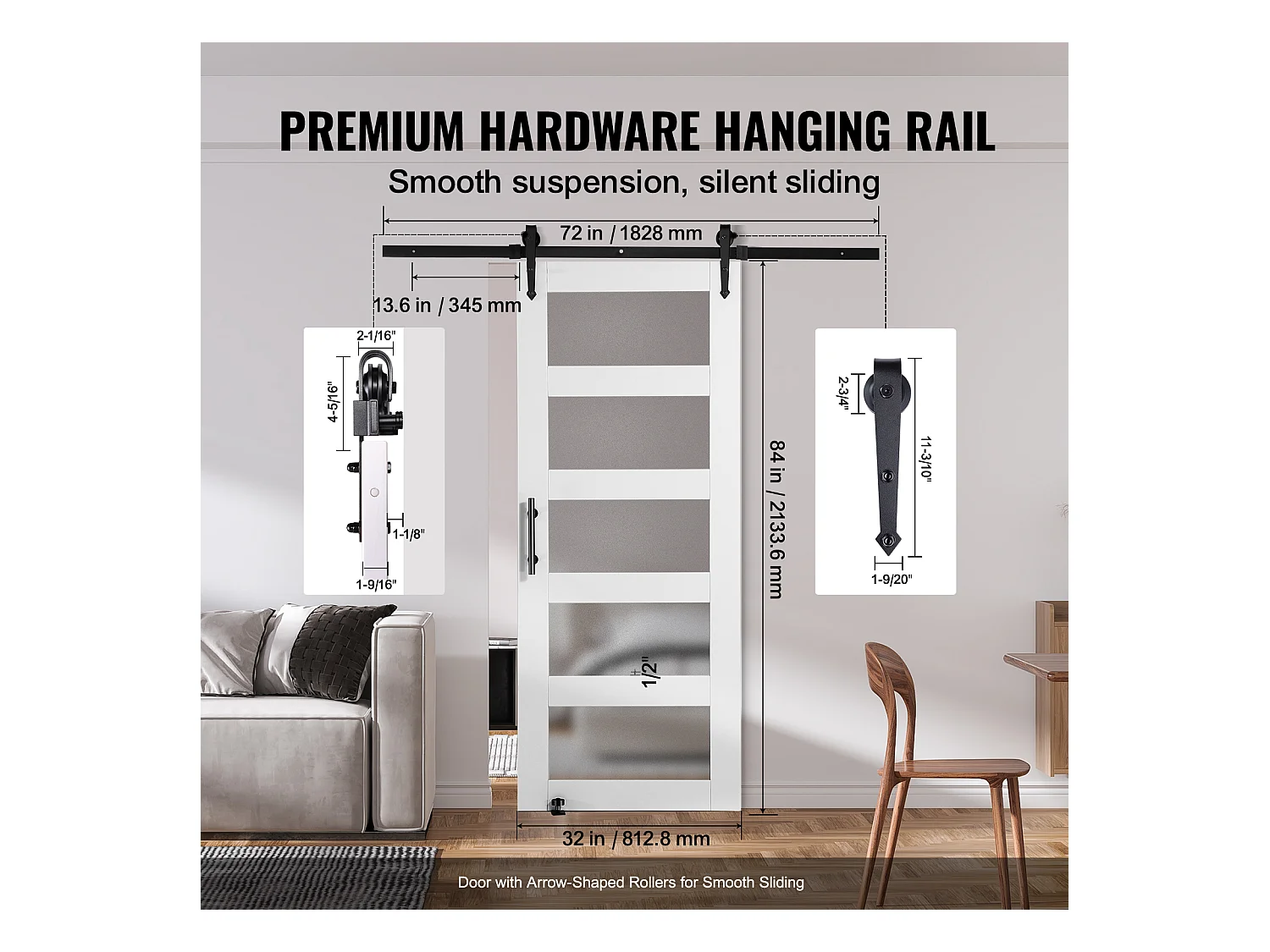 Kit de Porte de Grange Coulissante SucceBuy, 76 x 213 cm, Porte Coulissante en Bois et en Verre, Guide au sol 8 en 1, Fonctionnement Fluide et Silencieux