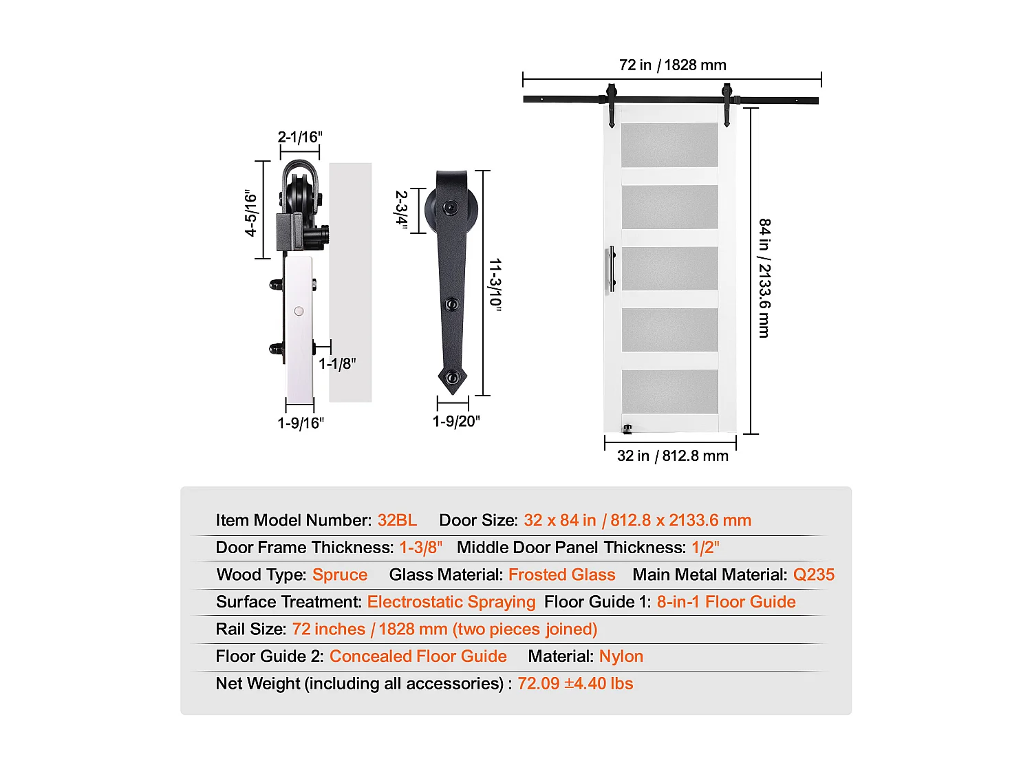 Kit de Porte de Grange Coulissante SucceBuy, 76 x 213 cm, Porte Coulissante en Bois et en Verre, Guide au sol 8 en 1, Fonctionnement Fluide et Silencieux