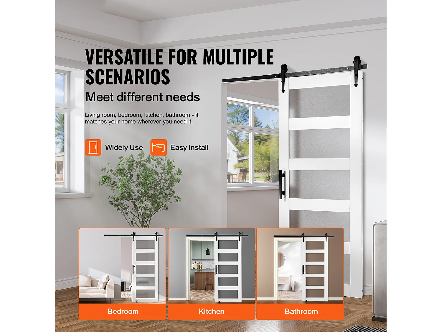 Kit de Porte de Grange Coulissante SucceBuy, 76 x 213 cm, Porte Coulissante en Bois et en Verre, Guide au sol 8 en 1, Fonctionnement Fluide et Silencieux