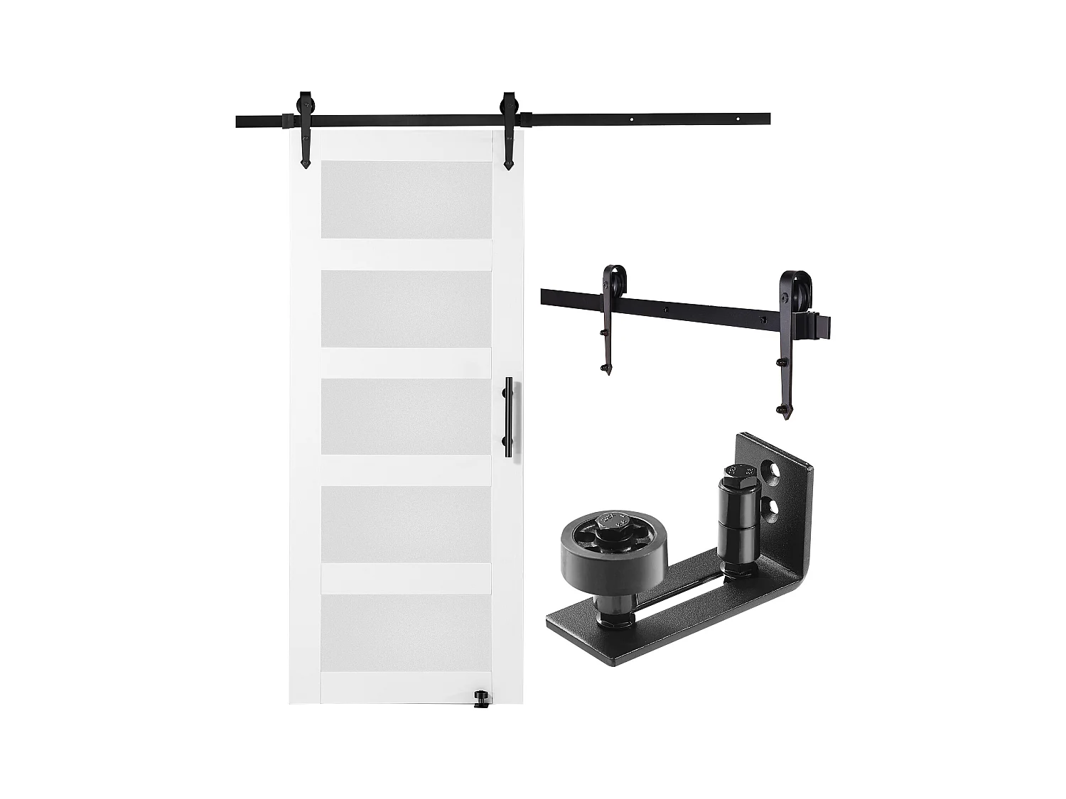 Kit de Porte de Grange Coulissante SucceBuy, 81 x 213 cm, Porte Coulissante en Bois et Verre, Épicéa, Guide au sol 8 en 1, Fonctionnement Fluide et Silencieux