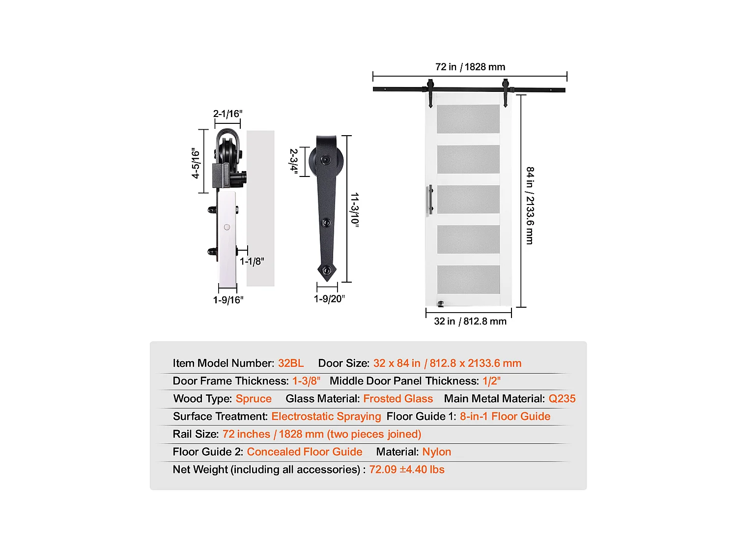Kit de Porte de Grange Coulissante SucceBuy, 81 x 213 cm, Porte Coulissante en Bois et Verre, Épicéa, Guide au sol 8 en 1, Fonctionnement Fluide et Silencieux