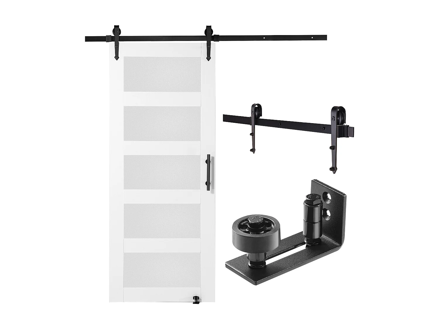 Kit de Porte de Grange Coulissante SucceBuy, 81 x 213 cm, Porte Coulissante en Bois et Verre, Épicéa, Guide au sol 8 en 1, Fonctionnement Fluide et Silencieux